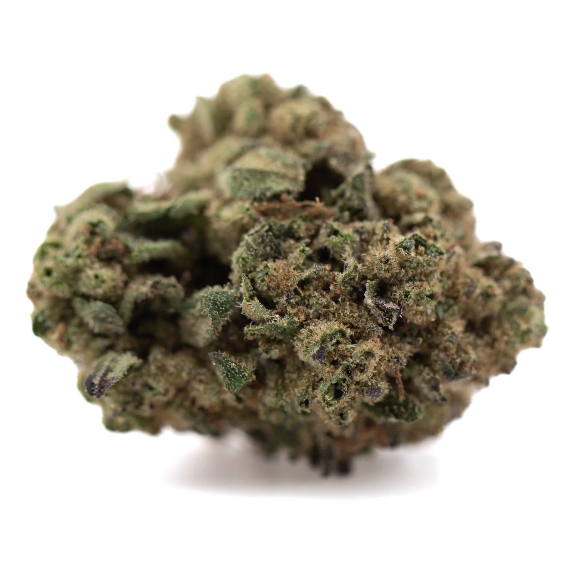 A dense poison gushers thca hemp flower bud with green and brown hues covered in fine trichomes and resin production