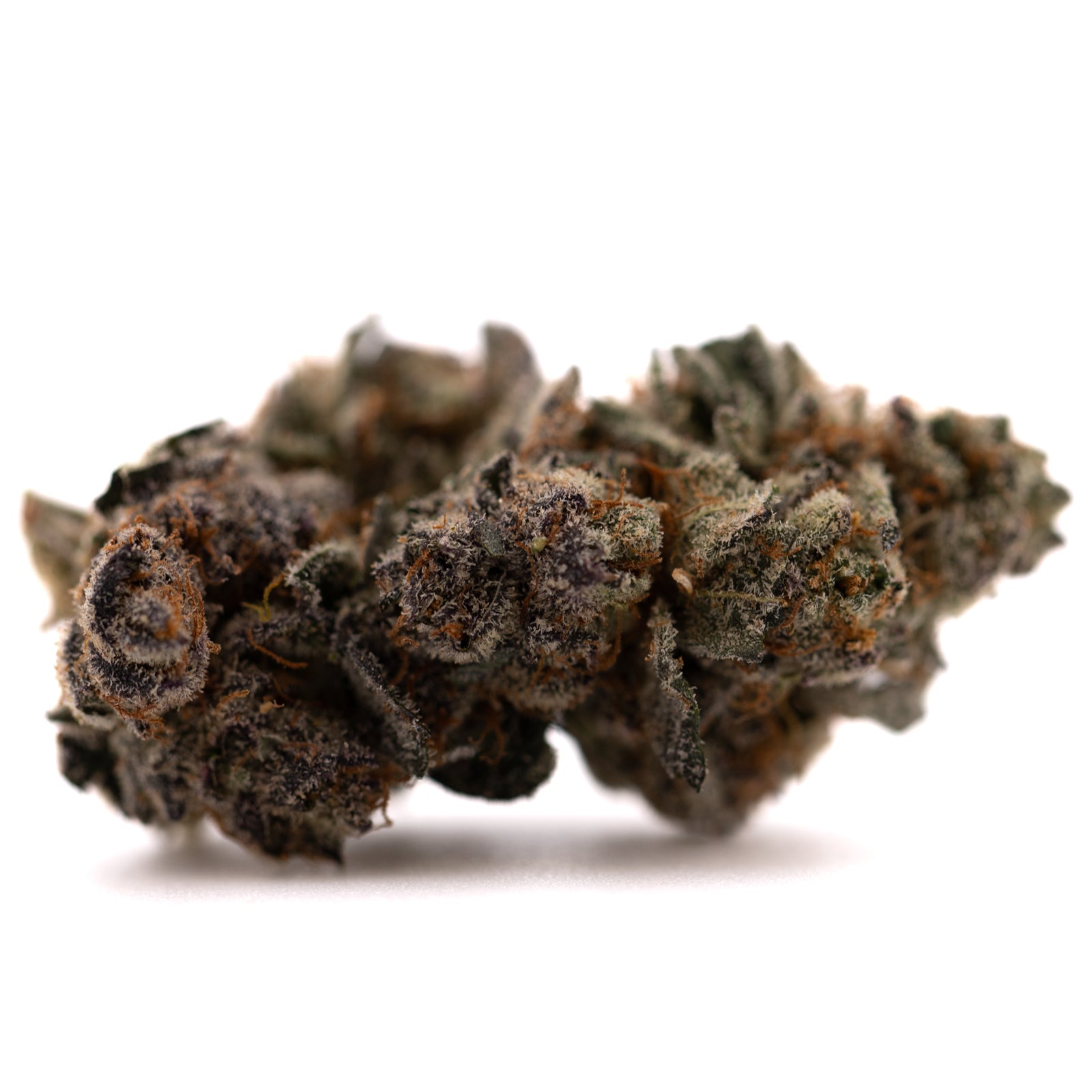 Premium THCa cannabis bud with purple green hues, frosty trichomes, orange pistils, Poppin Bottlez #2