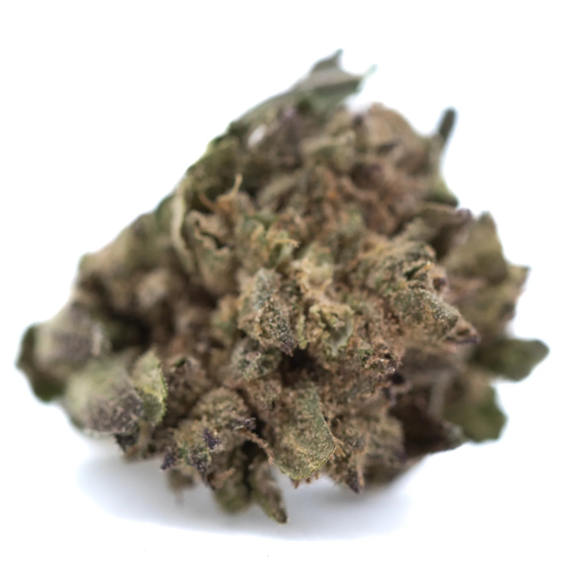 A dense textured hemp flower with green and brown hues from poppin bottlez rozay cake greenhouse smalls