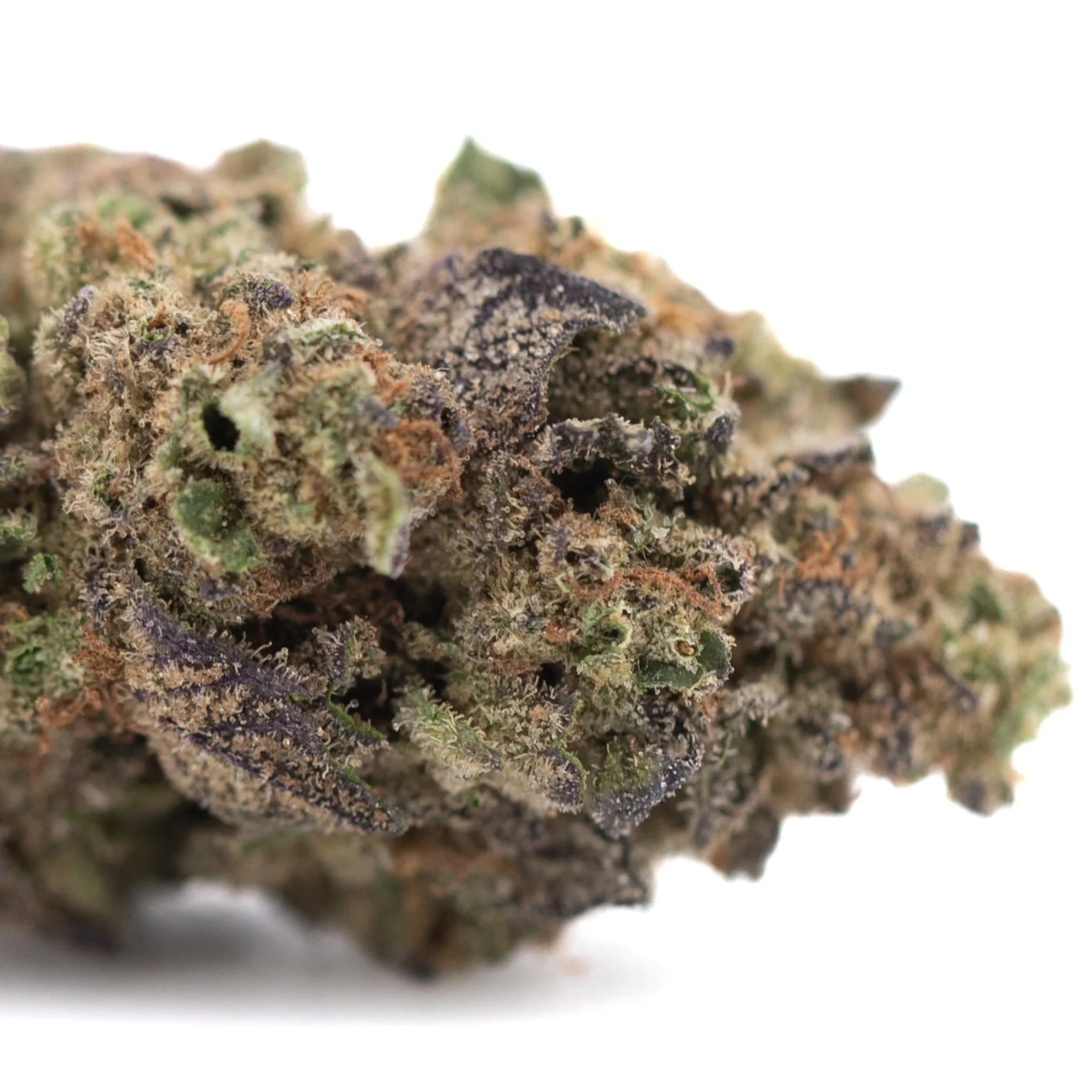 A dense rozay cake thca hemp flower bud with green, brown, and purple hues grown by greenhouse cultivation near-maximum potency