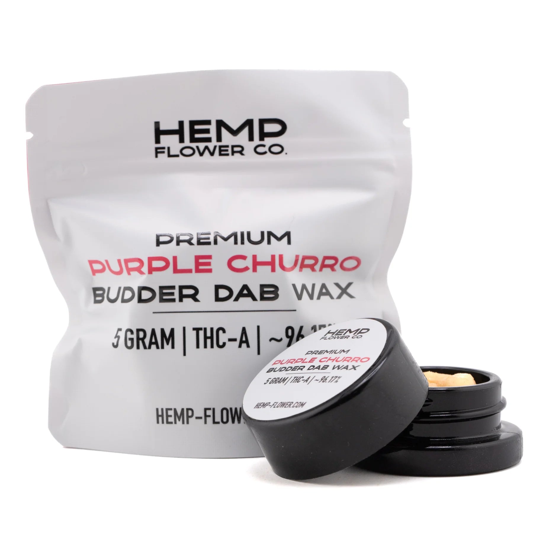 Black cylindrical container with white lid labeled premium purple churro thca budder wax by hemp flower co for cinnamon horchata use
