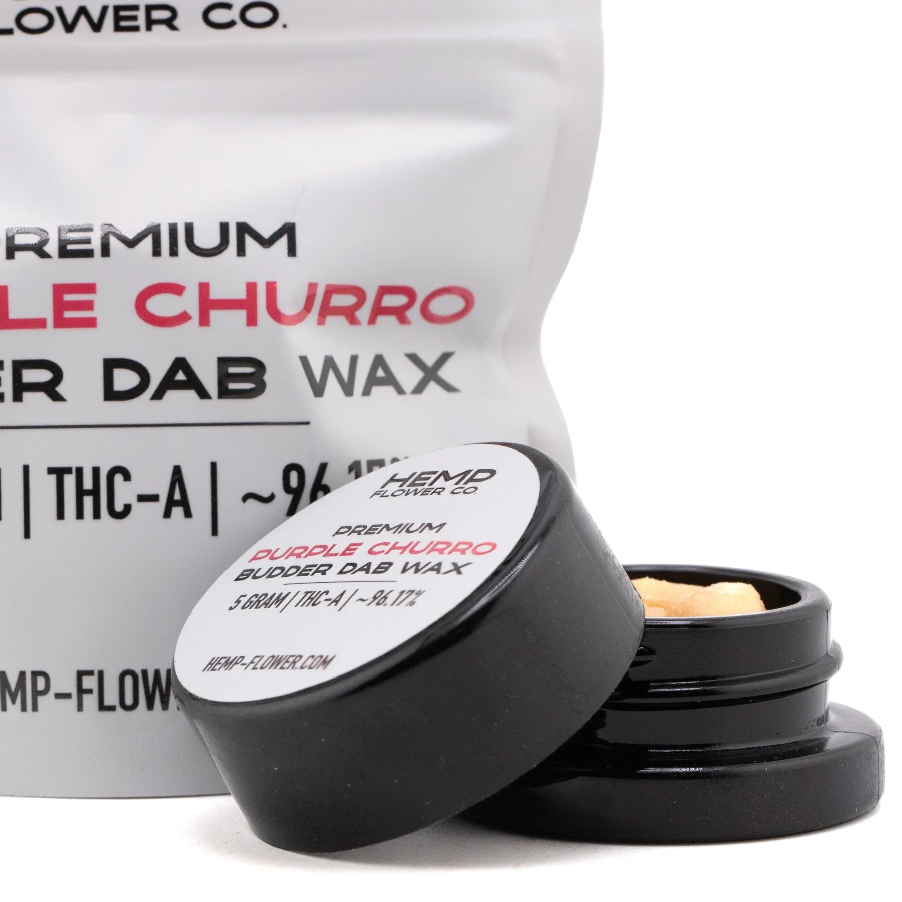 Black cylindrical jar with white label containing purple churro thca budder wax cinnamon horchata 5 gram product