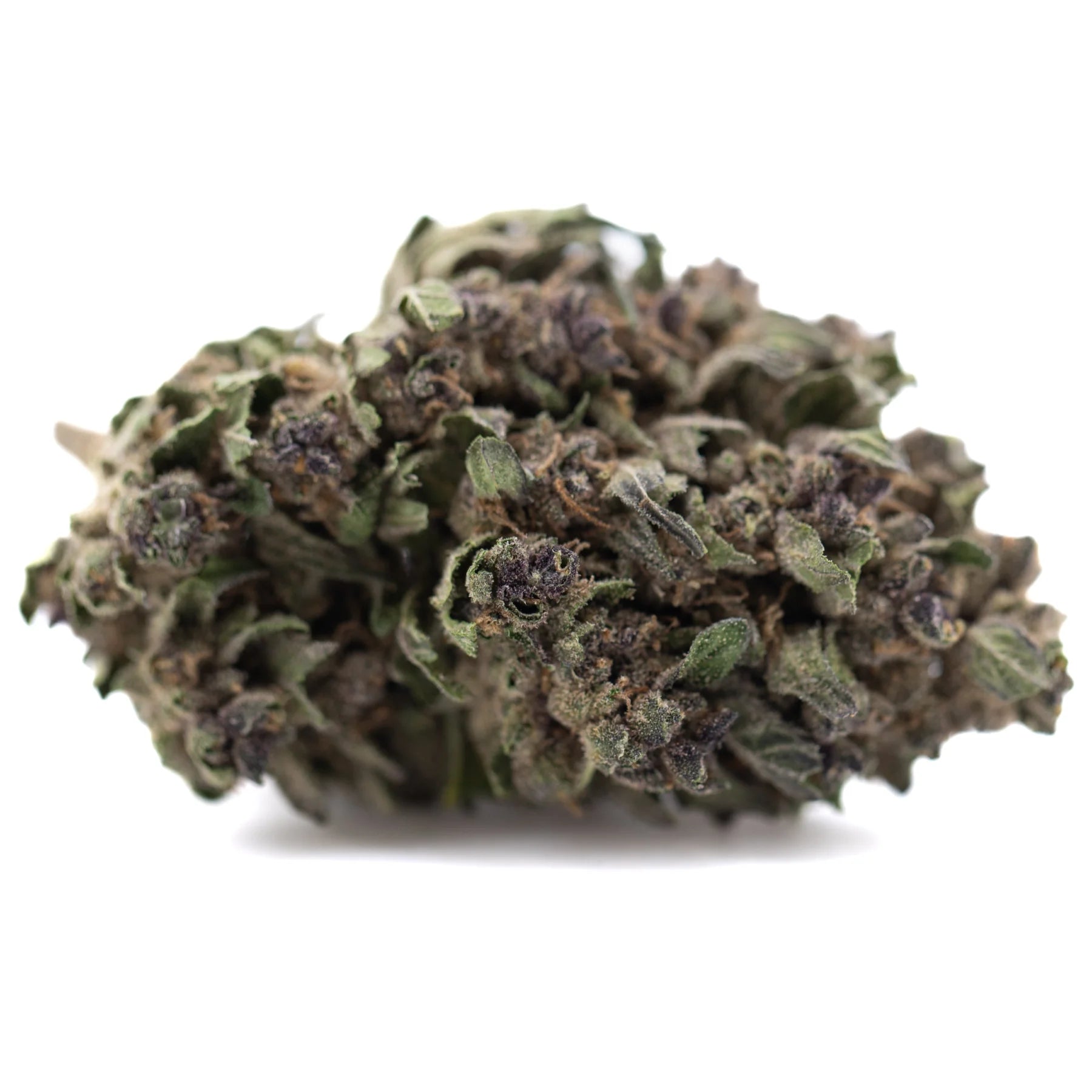 A dense textured purple daiquiri hemp flower bud with green and purplish hues similar to grape pie