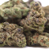 Purple marmalade thca hemp flower greenhouse smalls showing green and purple dense frosty buds with sugary honey scent