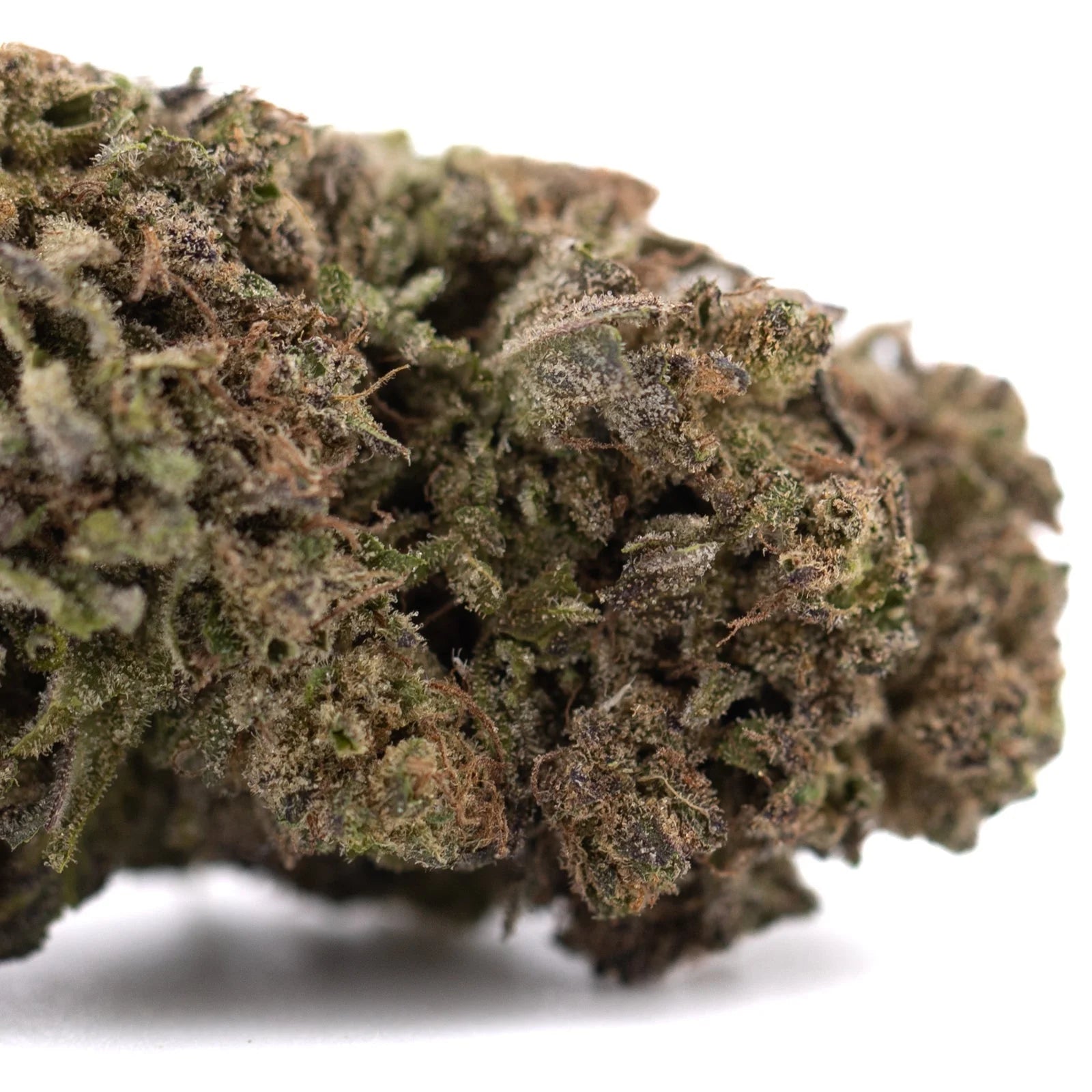Purple Marmalade THCa hemp flower bud with green, brown hues and trichomes