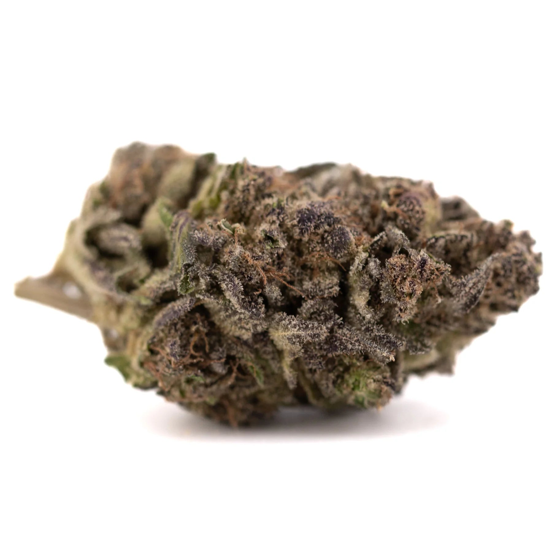 Purple Mountain Majesty THCa hemp flower with green bud and dark trichomes