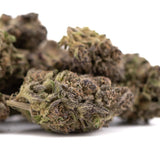 Purple Mountain Majesty THCa hemp flower bud with green and brown hues, trichomes