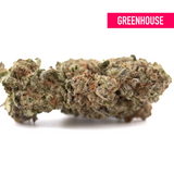 Purple Pop Rocks THCa hemp flower: green bud with white trichomes, pink hues, Greenhouse label