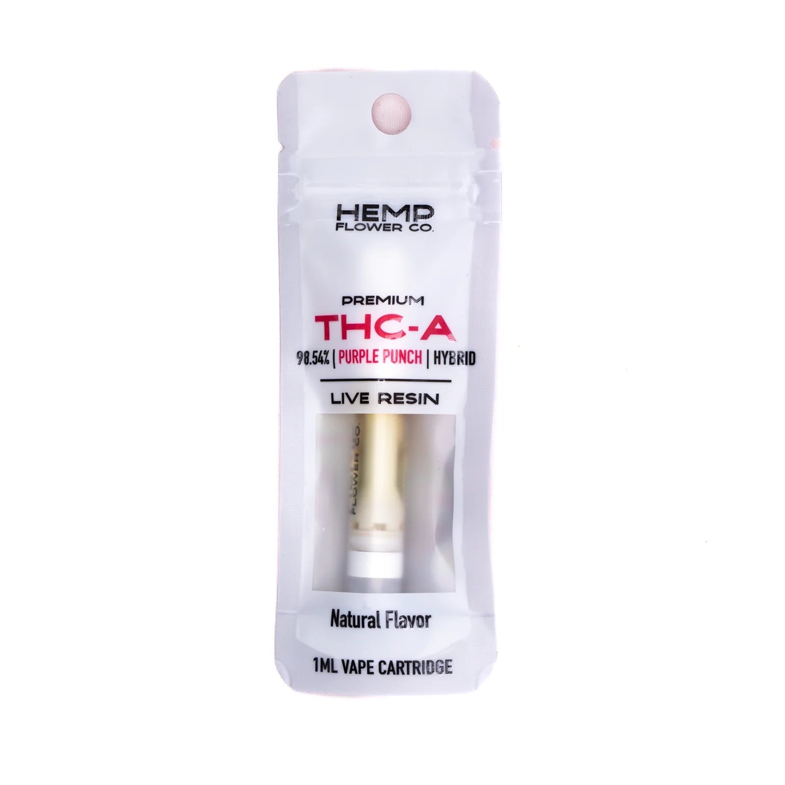 A white and transparent package containing a purple punch live resin thca vape cartridge 1ml from hemp flower co