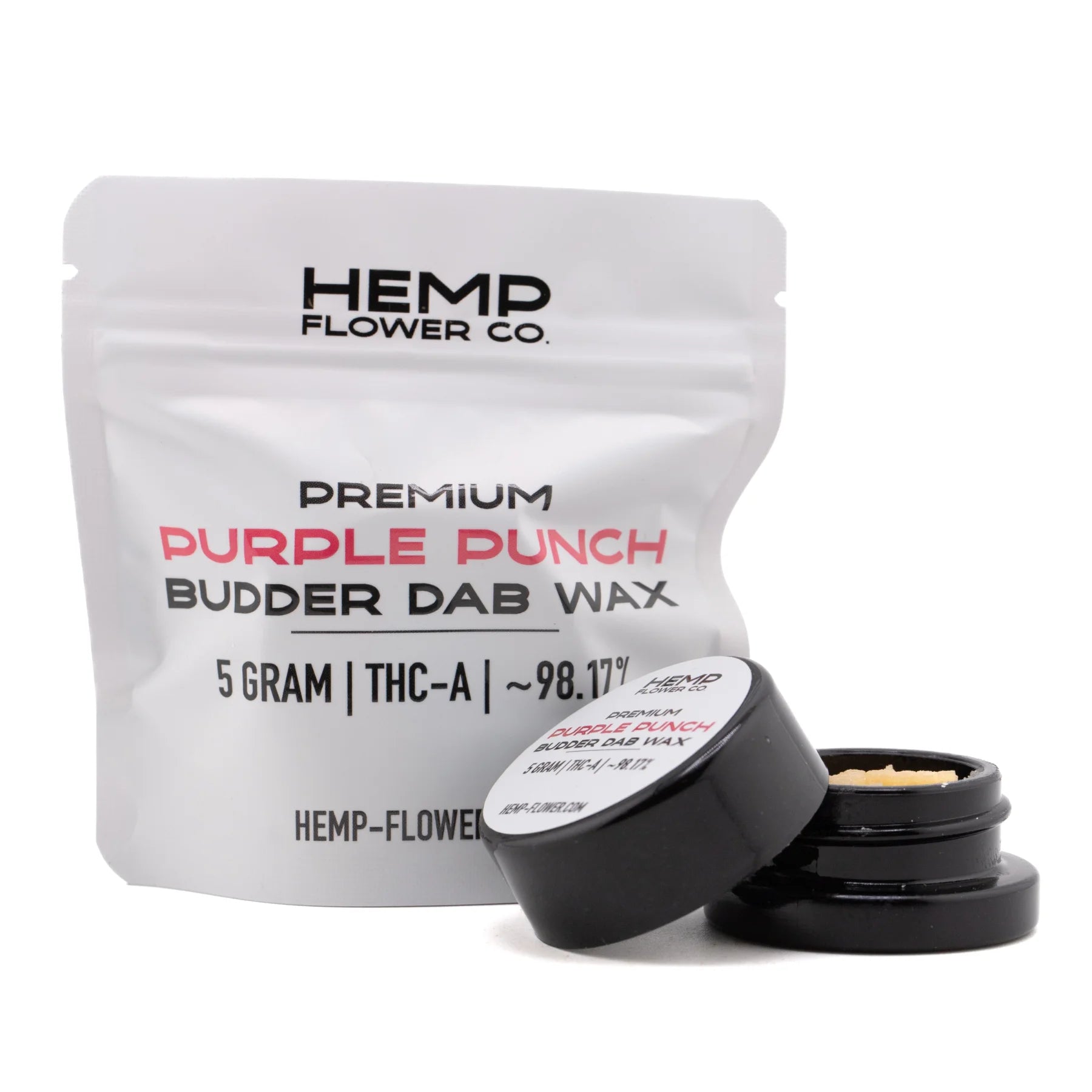 A sleek black glass jar with lid containing light purple punch thca budder wax from hemp flower co labeled purple punch