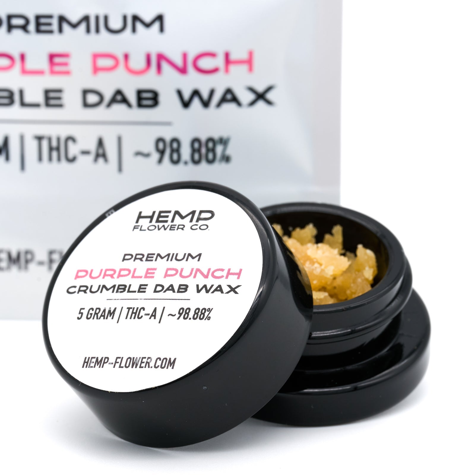 Black container of Purple Punch THCA crumble wax with white label, hemp flower product