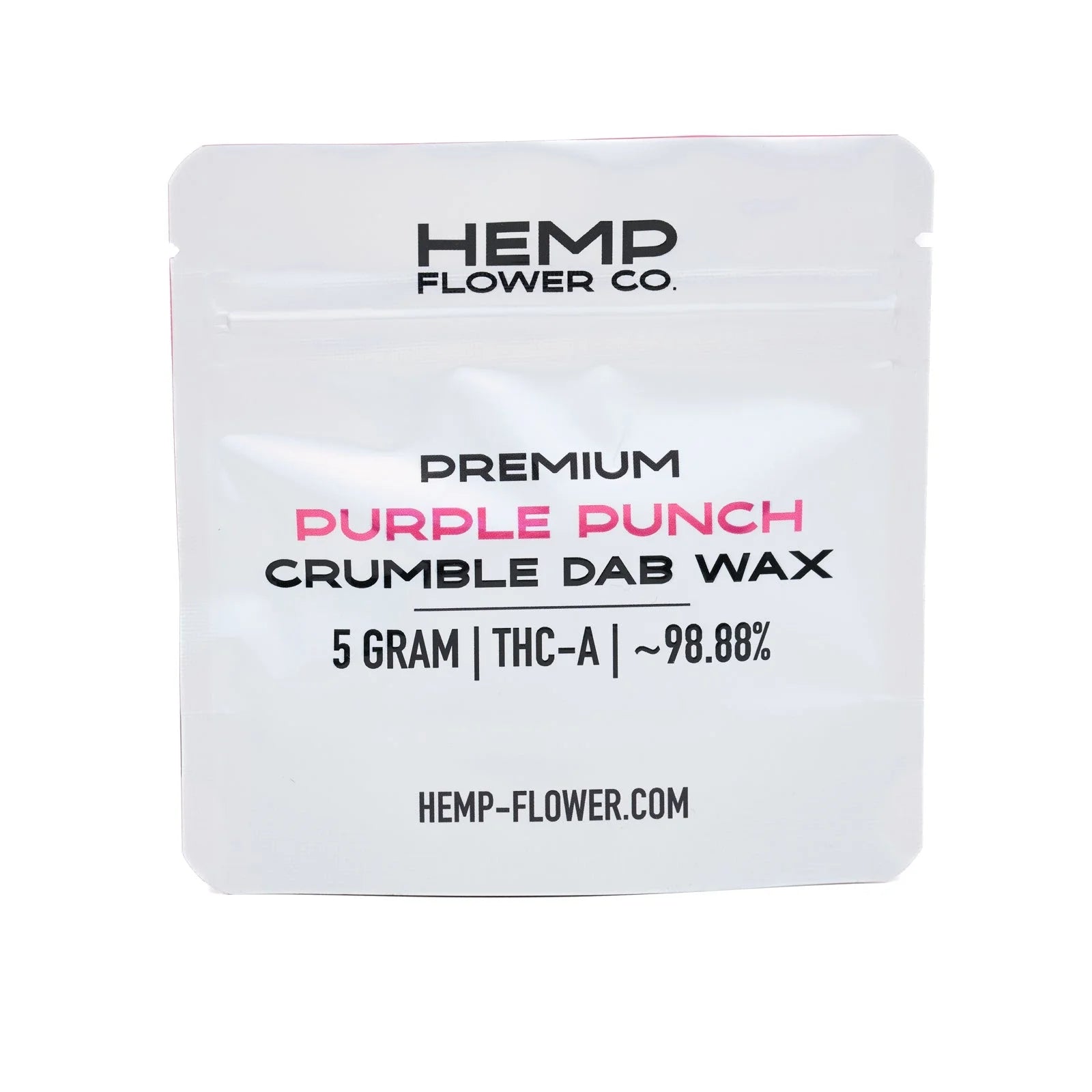 White pouch of Purple Punch THCA crumble wax with hemp flower for potent dab sessions