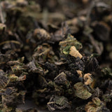 Close-up of dry dark green and brown Purple Wedding Cake indoor trim with lighter THCA trim