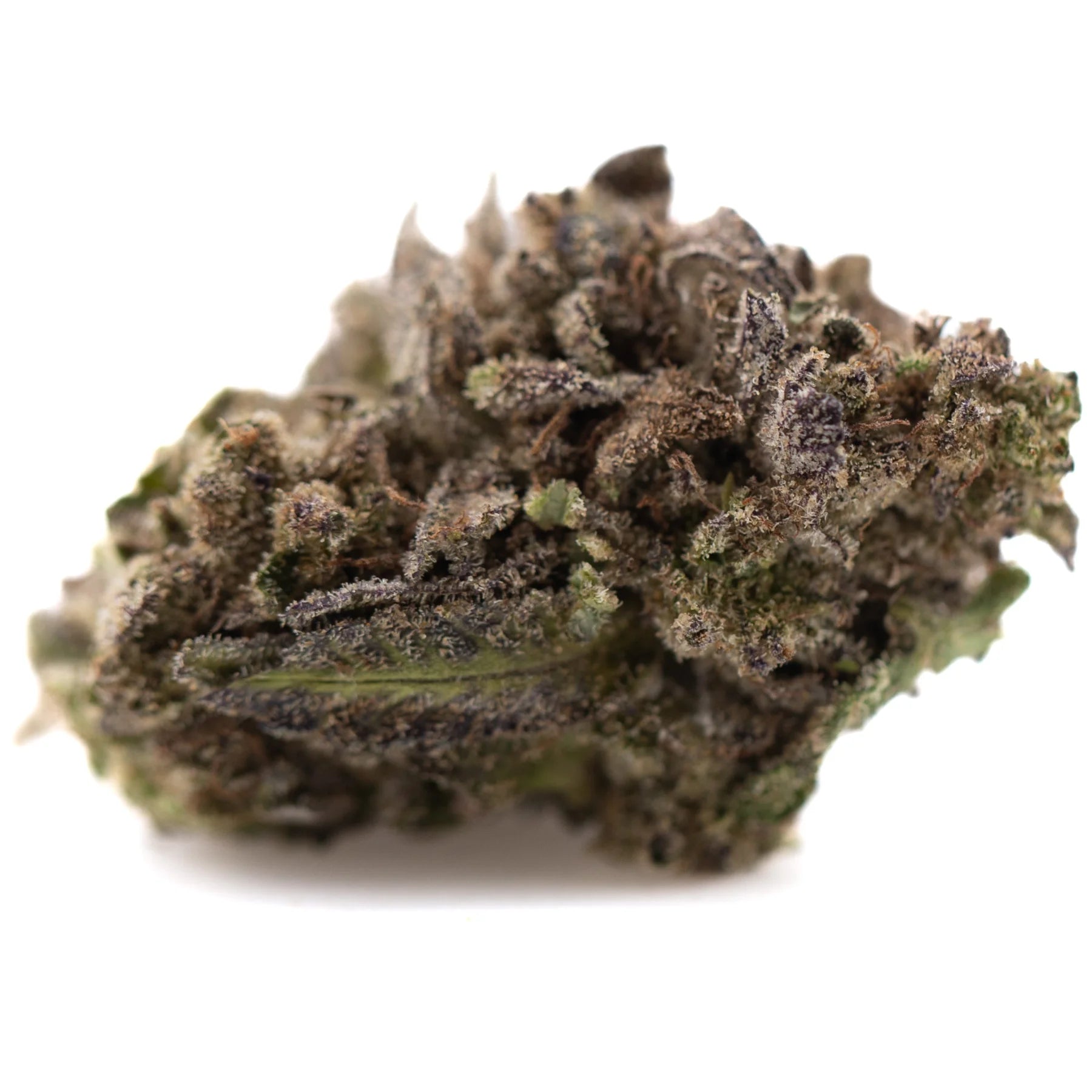 Dense textured purple wedding cake’s greenhouse thca flower with green and purplish hues covered in fine trichomes