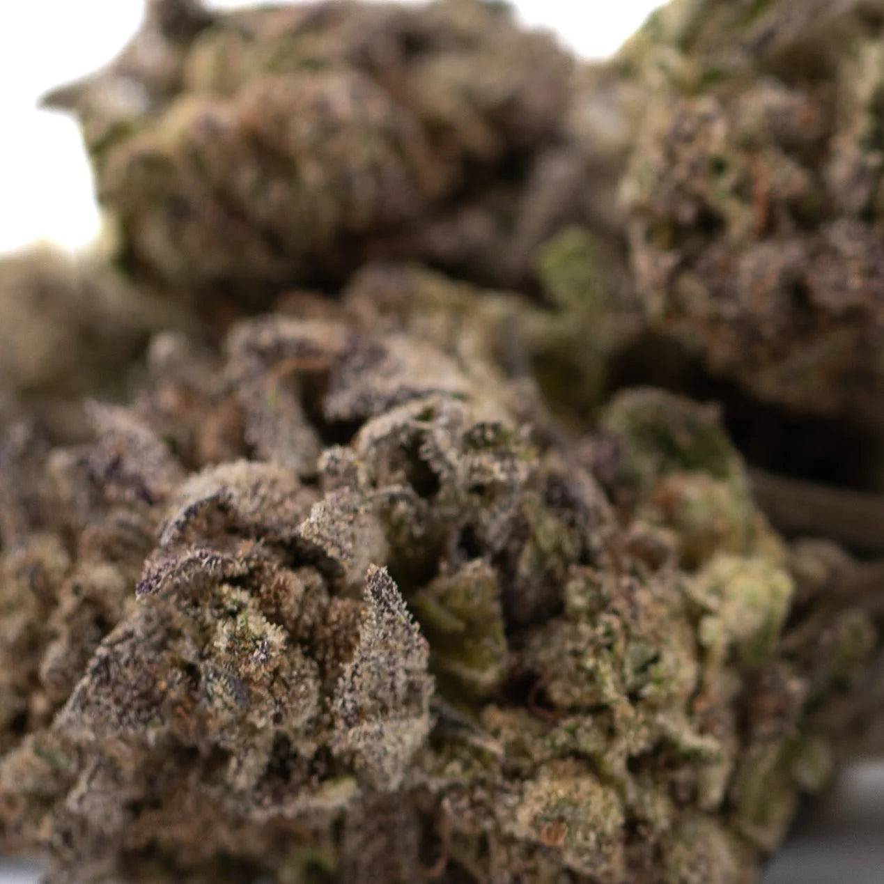 Mature purple wedding cake greenhouse thca flower with dense trichome-covered buds in greenish brown hues