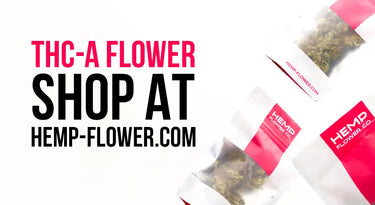 Red and white branded packaging for thc-a flower from hemp flower co.