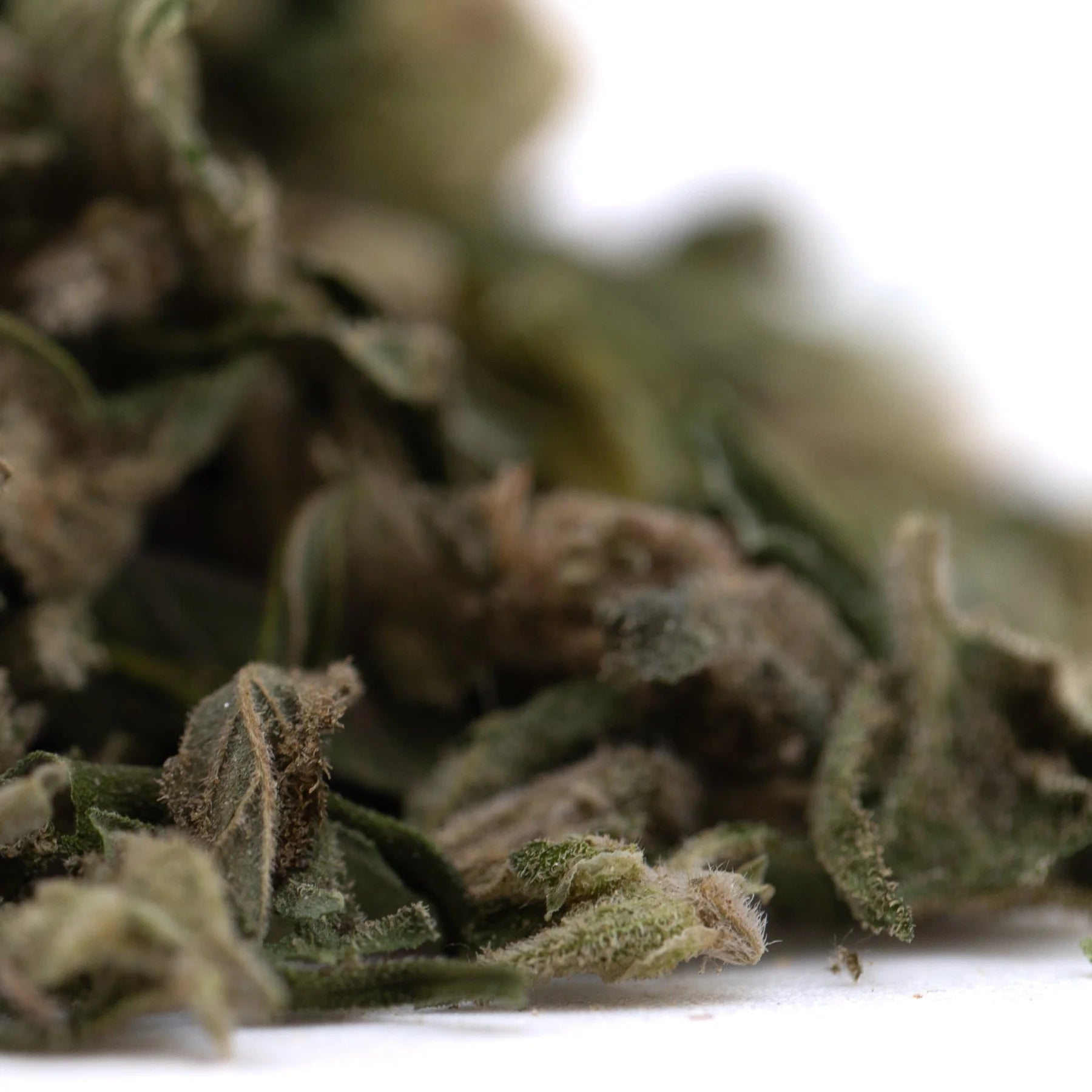 Dry cannabis buds with green and brown hues covered in trichomes from royal highness full-term thca flower indoor cultivation