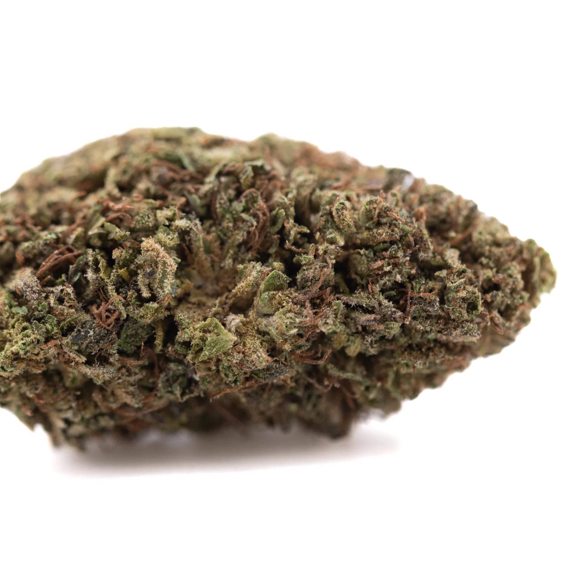 A dense green royal og cbd full-term hemp flower bud covered in trichomes and brown pistils for cbd wholesale