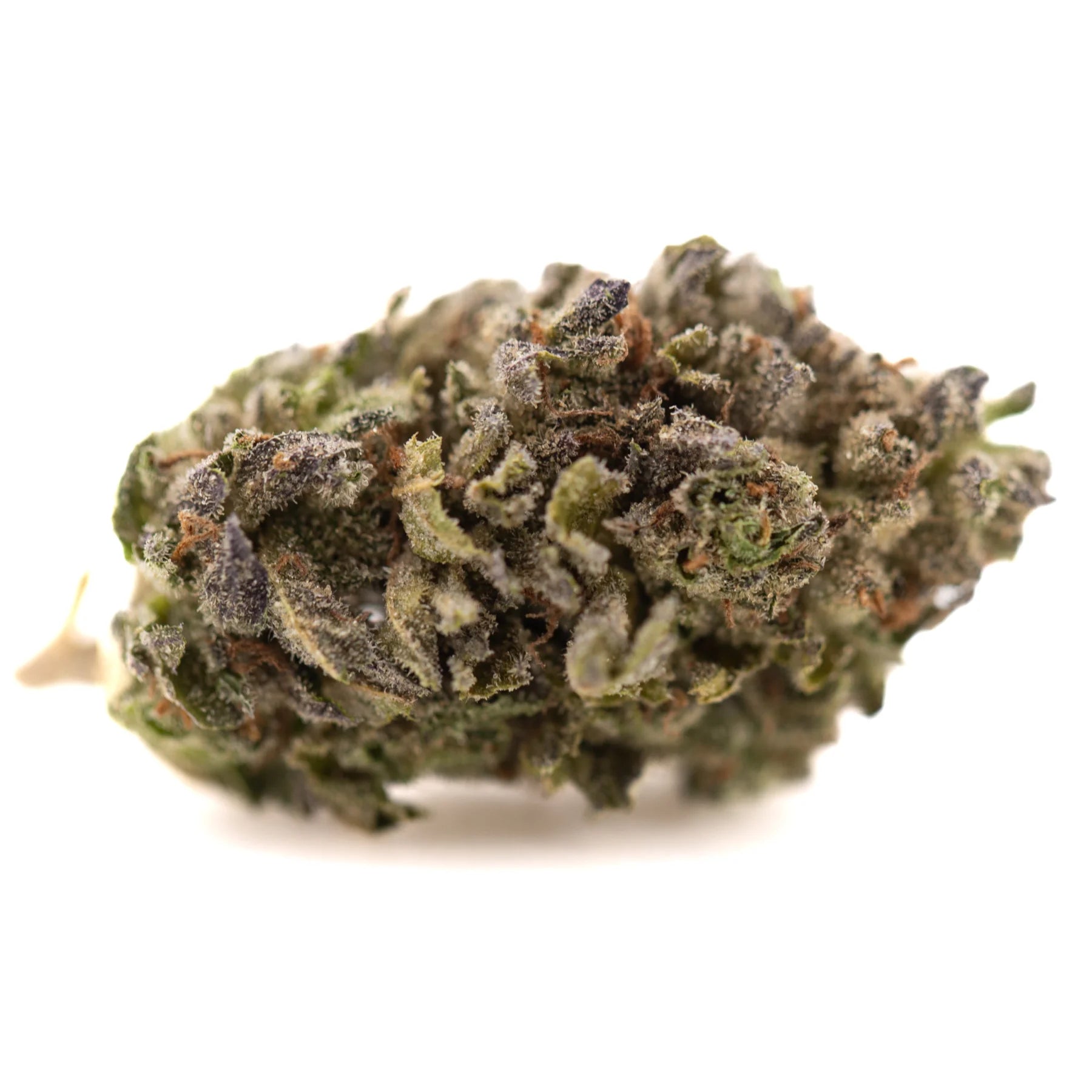 A dense rozay cake hemp flower with green and purple hues covered in fine trichomes resembling wedding cake