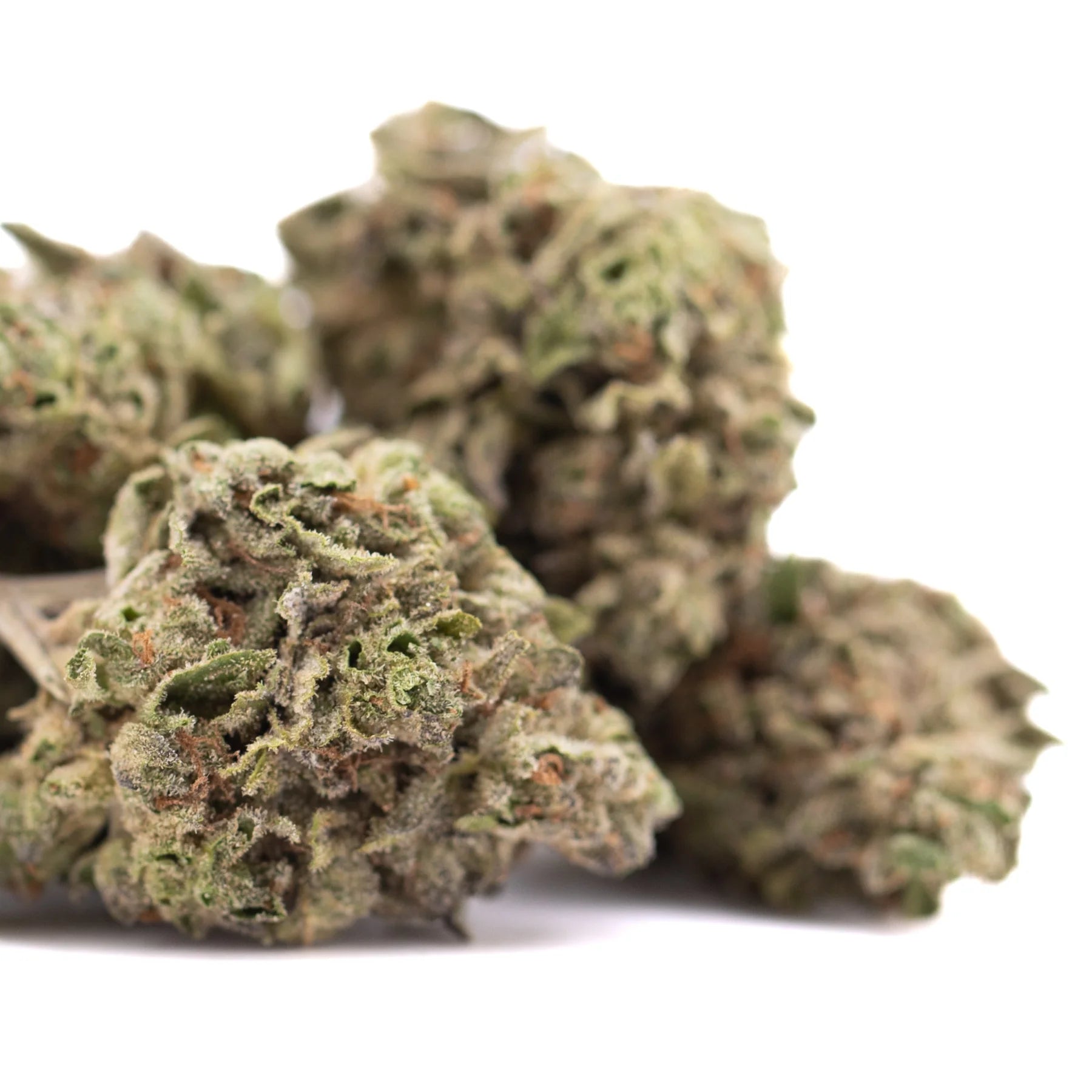 Dried rozay cake hemp flower with dense green and white trichomes resembling wedding cake strain buds