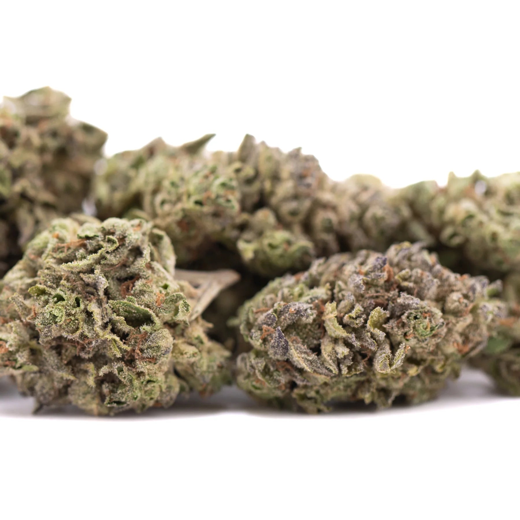 Green and purple rozay cake hemp flower buds with frosty textured surface from wedding cake greenhouse batch