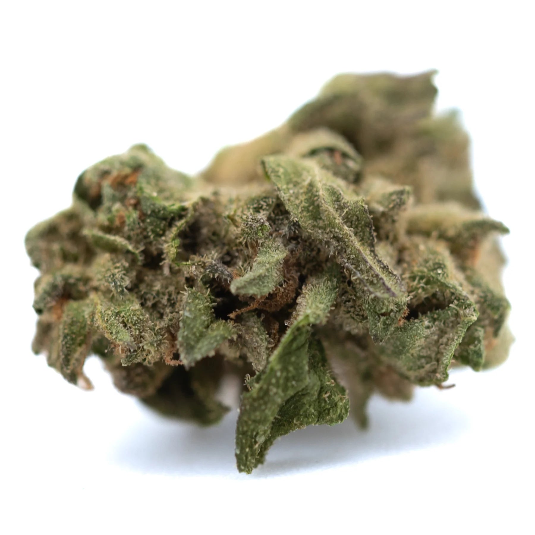 A dense green rozay cake hemp flower bud with trichomes and small leaves from wedding cake greenhouse smalls wholesale