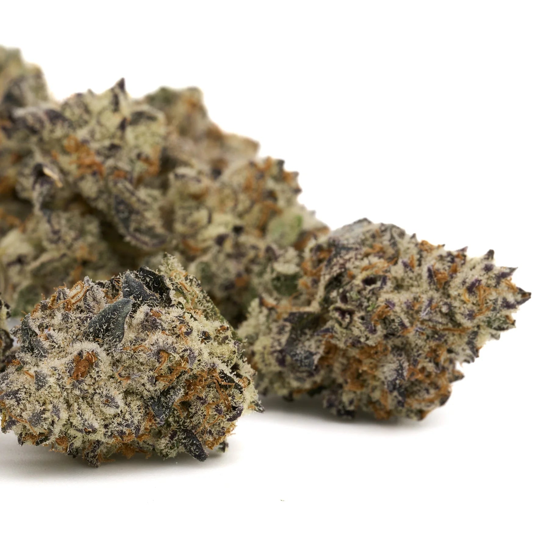 Dried purple kush cannabis buds with frosty trichomes and orange hairs from Short Mintz Indoor THCa Flower