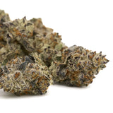 Dried purple kush cannabis buds with frosty trichomes and orange hairs from Short Mintz Indoor THCa Flower