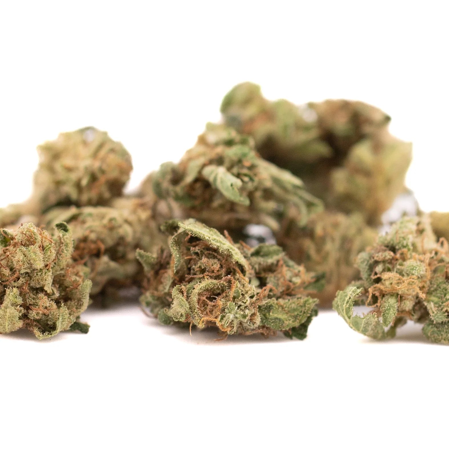 Green and brown dense sour brûlée cbd smalls flower buds with textured appearance for hemp use