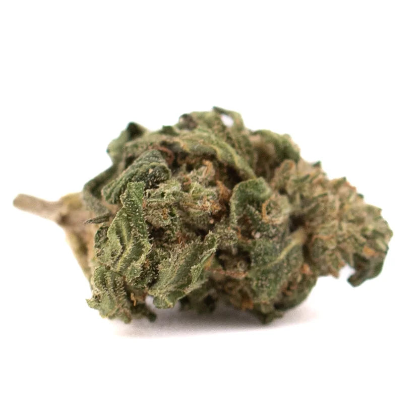 A dense green sour chem cbd smalls flower with a textured surface covered in trichomes and small leaves