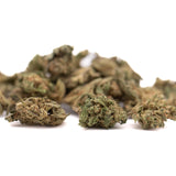 Dried sour chem cbd hemp flower smalls with green and brown hues and dense trichome-covered surfaces