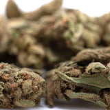 Sour Diesel THCa smalls: marijuana buds with green leaves and brown stems