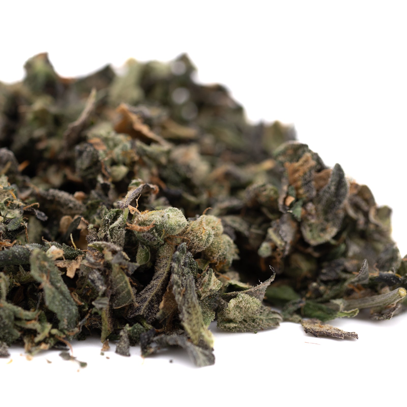 Dried green and brownish-green herbs for Sour Garlic Indoor Trim Wholesale 1LB, ideal for thca trim bulk and hemp flower products