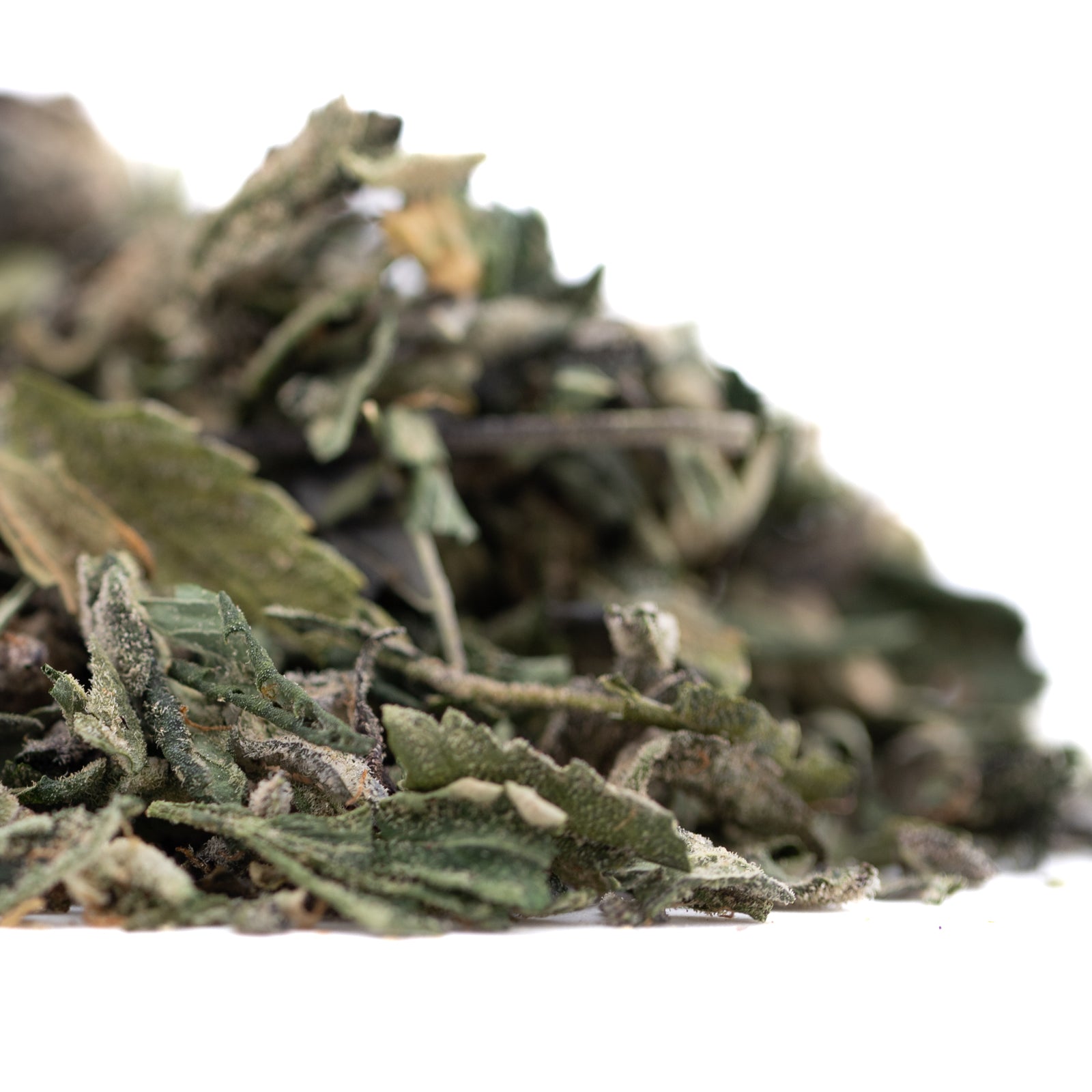 Pile of green sage tea leaves from Sour OG THCa trim wholesale hemp flower