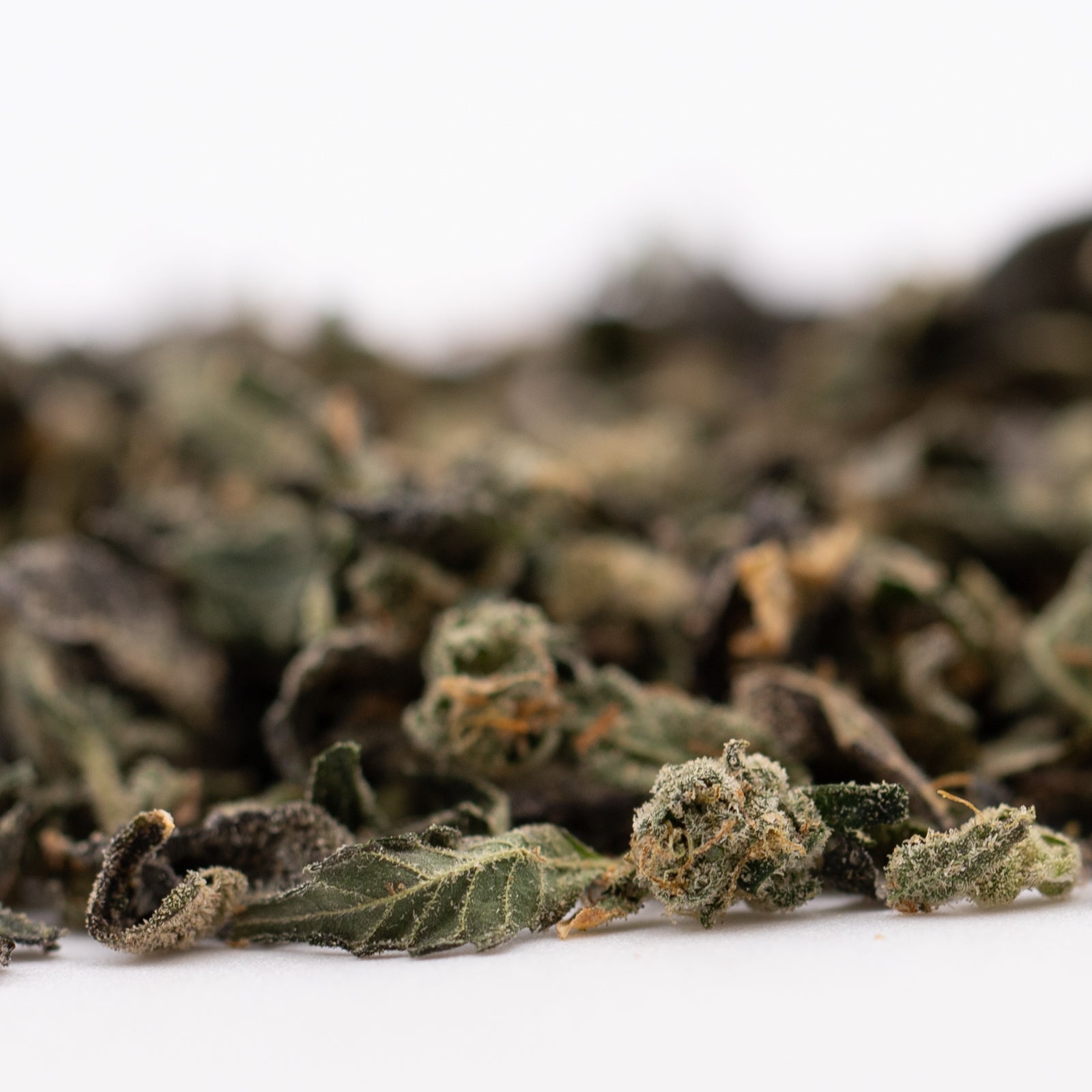 Dried cannabis flower buds and leaves from Sour Runtz Indoor Thca Trim with rich terpene profile