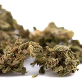 Green and brown sour space candy cbd hemp flower full-term smalls with frosty textured buds close up view