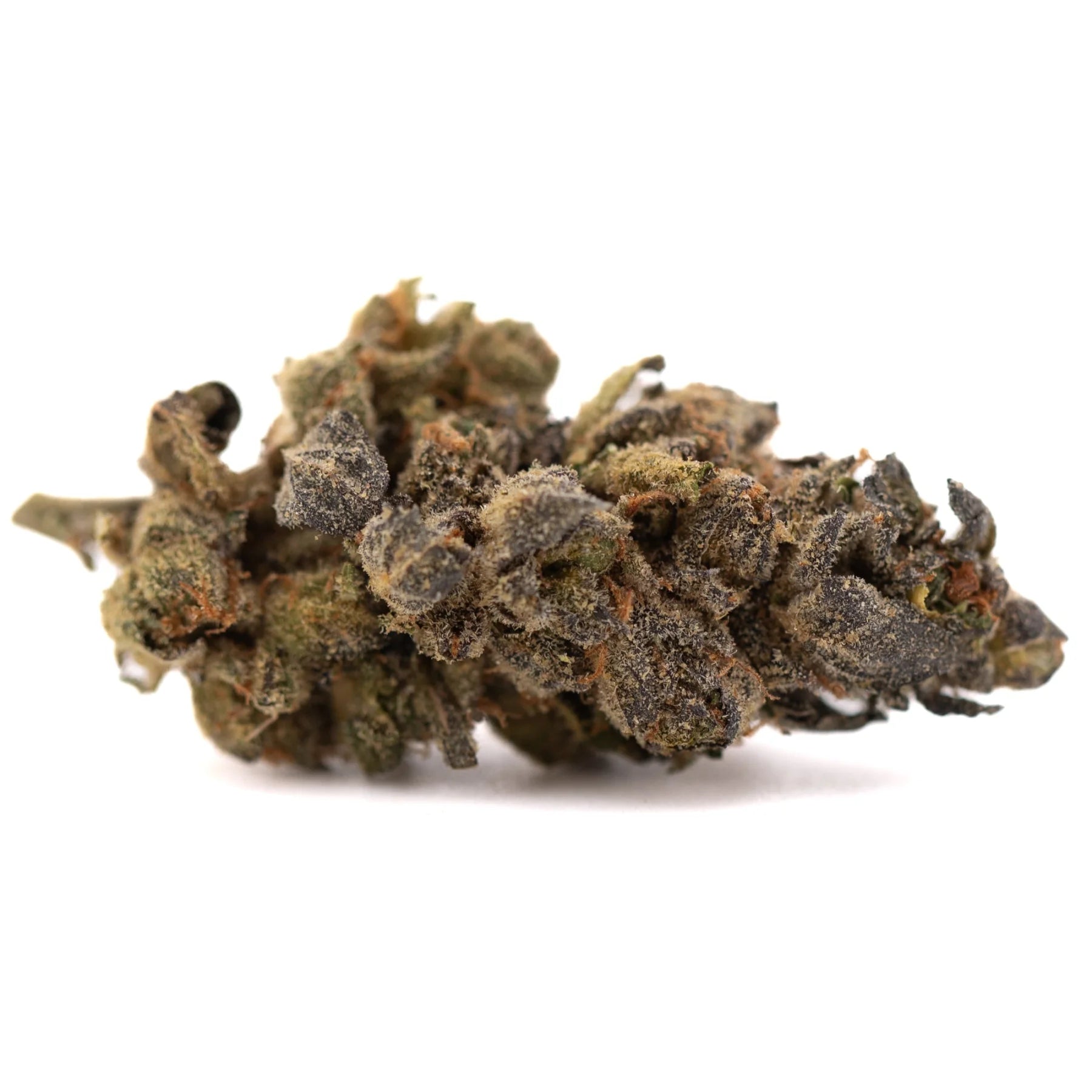 Dense dark green and brown space candy hemp flower with frosty trichomes designed for social anxiety relief