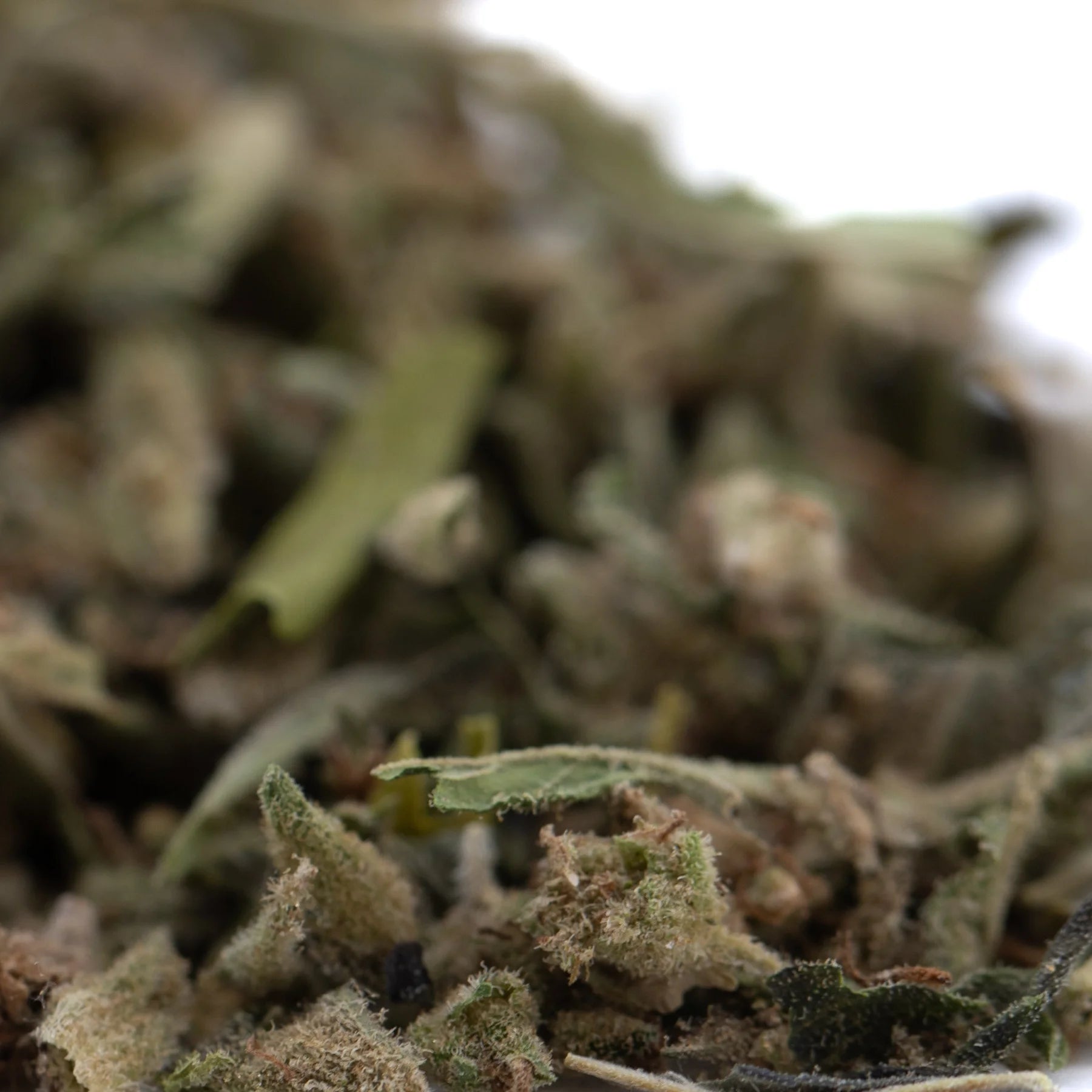 A pile of dried greenish-brown strawberry cheesecake thca trim wholesale with visible trichomes and leafy textures