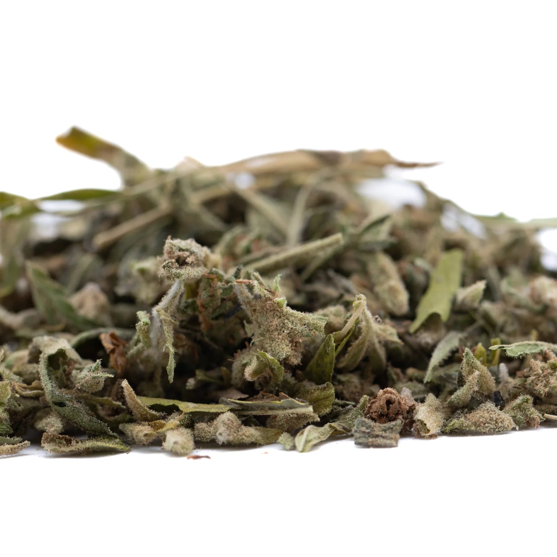 A pile of dried greenish-gray sage leaves with fuzzy texture for strawberry cheesecake thca trim wholesale premium flower