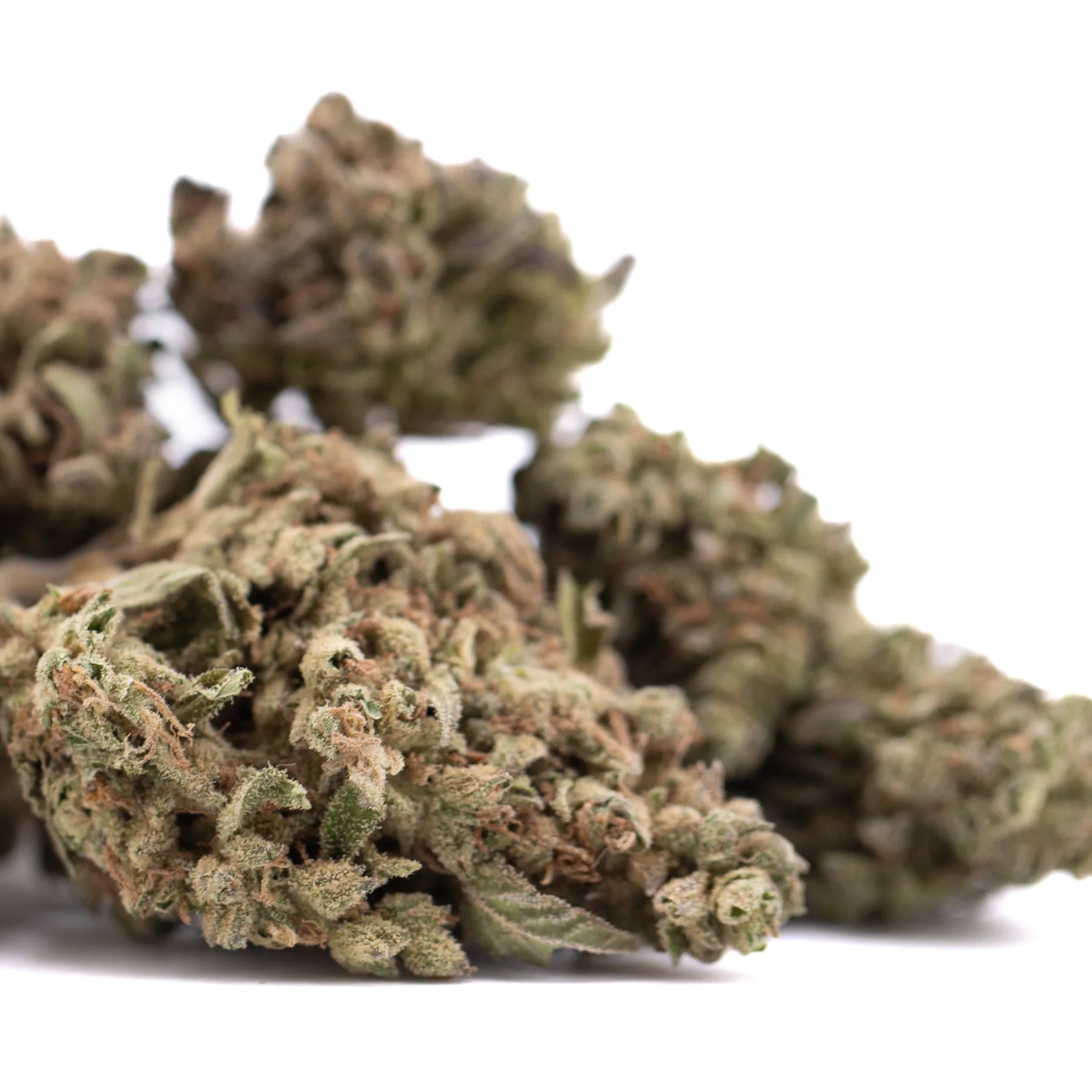 A pile of dried greenish-brown strawberry cheesecake thca flower with dense trichomes for wholesale thca flower bulk use
