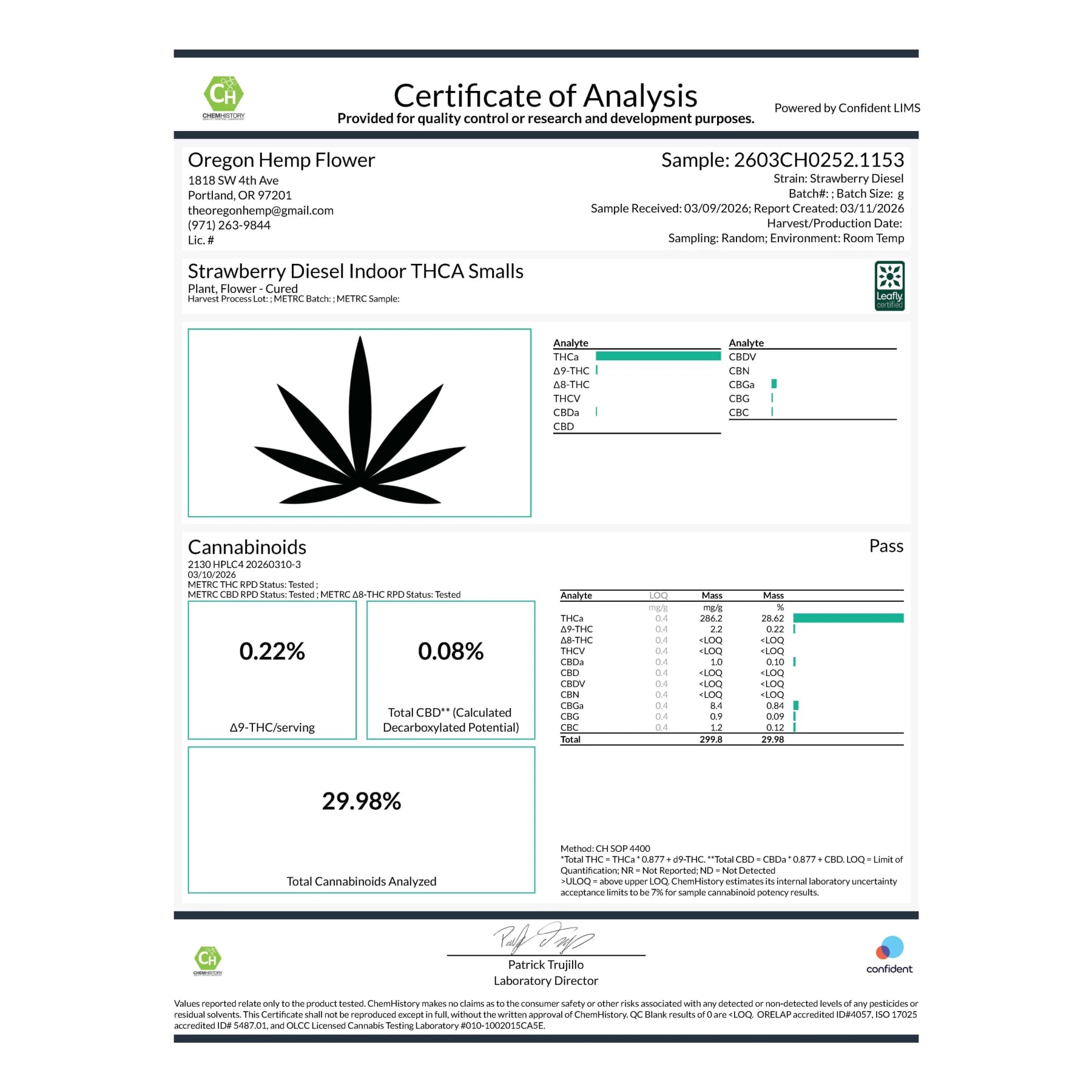 Certificate of analysis for oregon strawberry diesel indoor thca flower smalls with black cannabis leaf logo and cannabinoid data