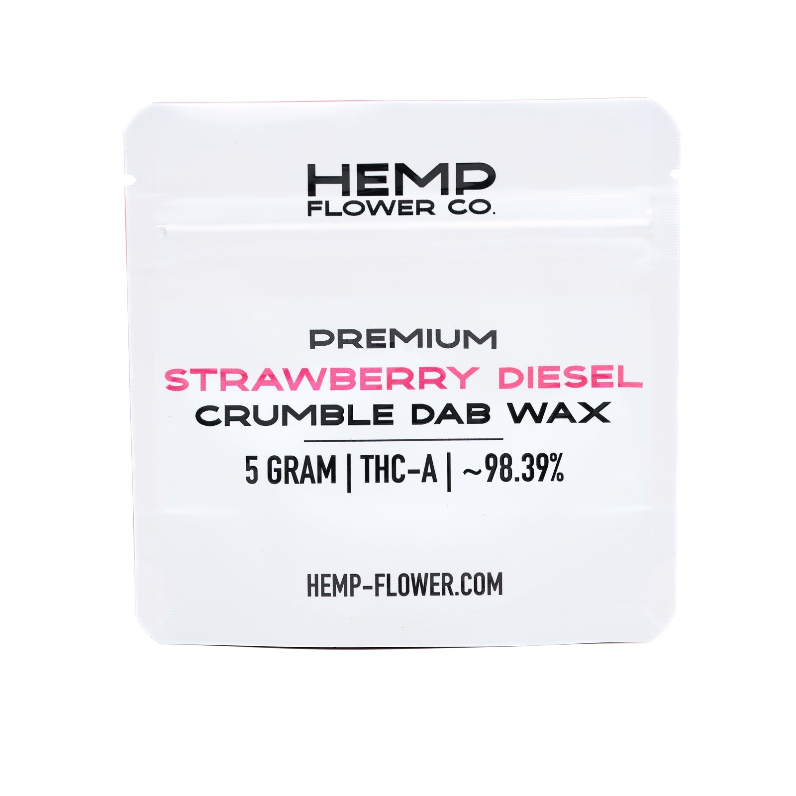 White pouch of Strawberry Diesel THCA crumble wax with NYC Diesel flavor, 5 grams