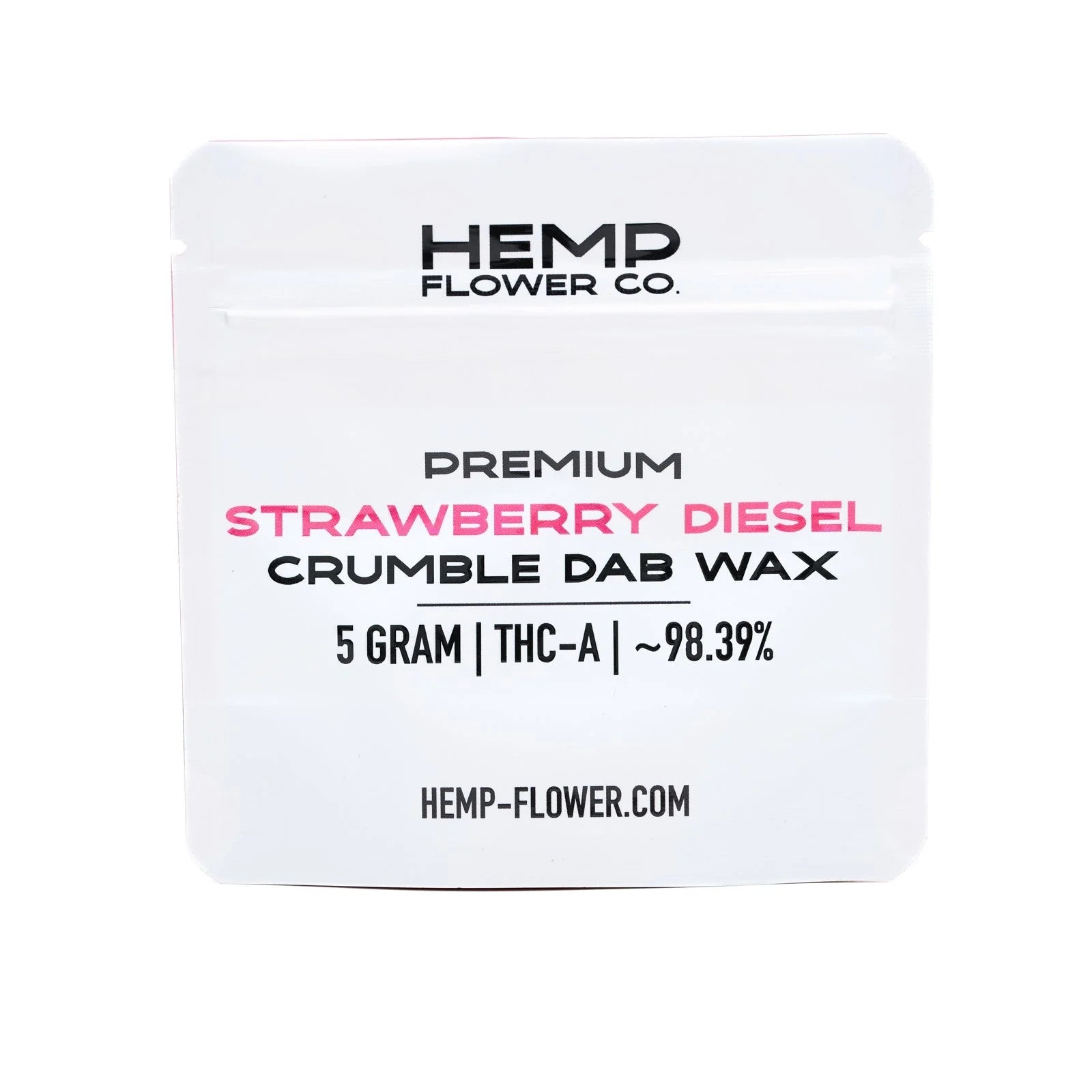 White pouch of Strawberry Diesel THCA crumble wax with NYC Diesel flavor, 5 grams