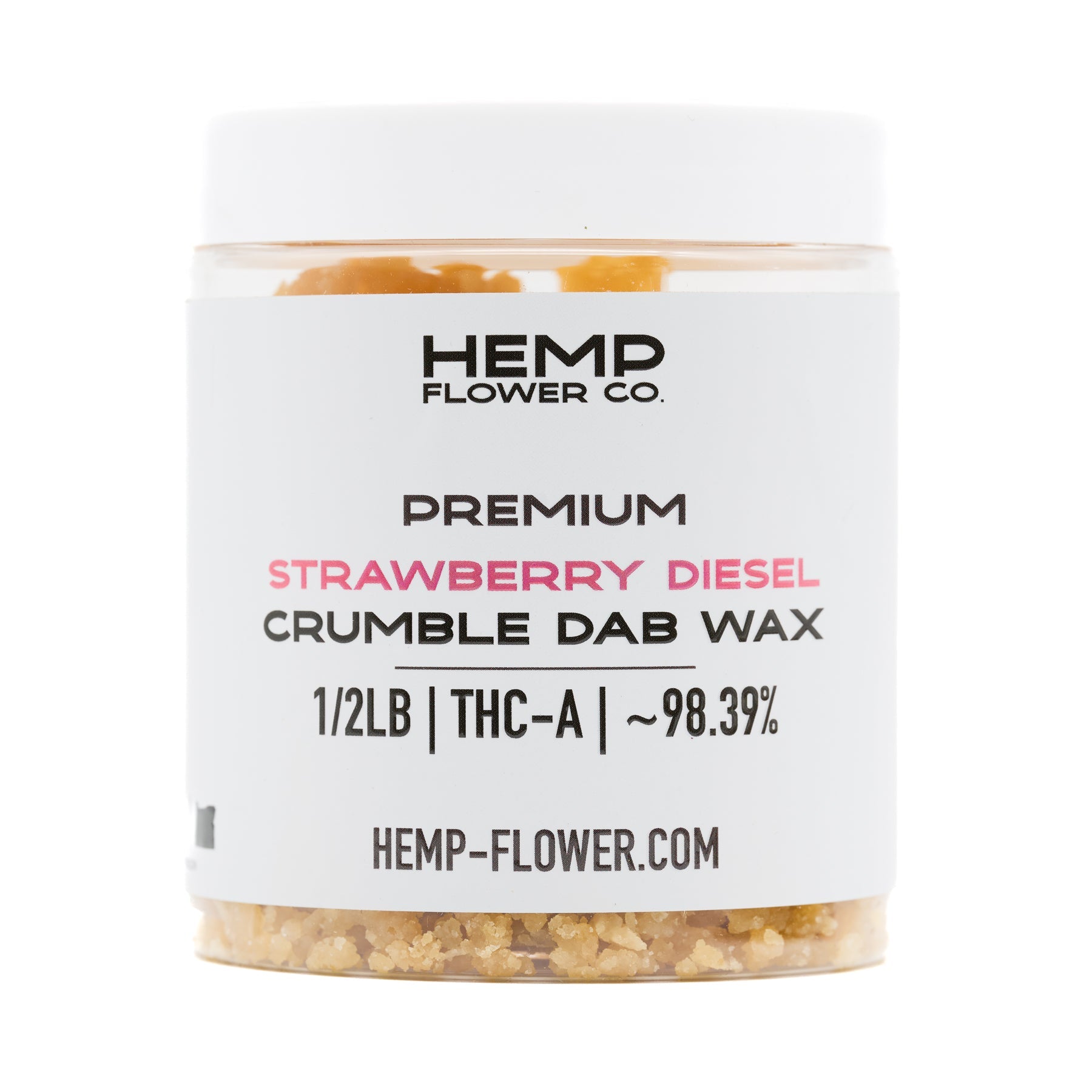 Jar of Strawberry Diesel THCA crumble wax with 98.39% THC-A, 1/2 lb, premium hemp flower