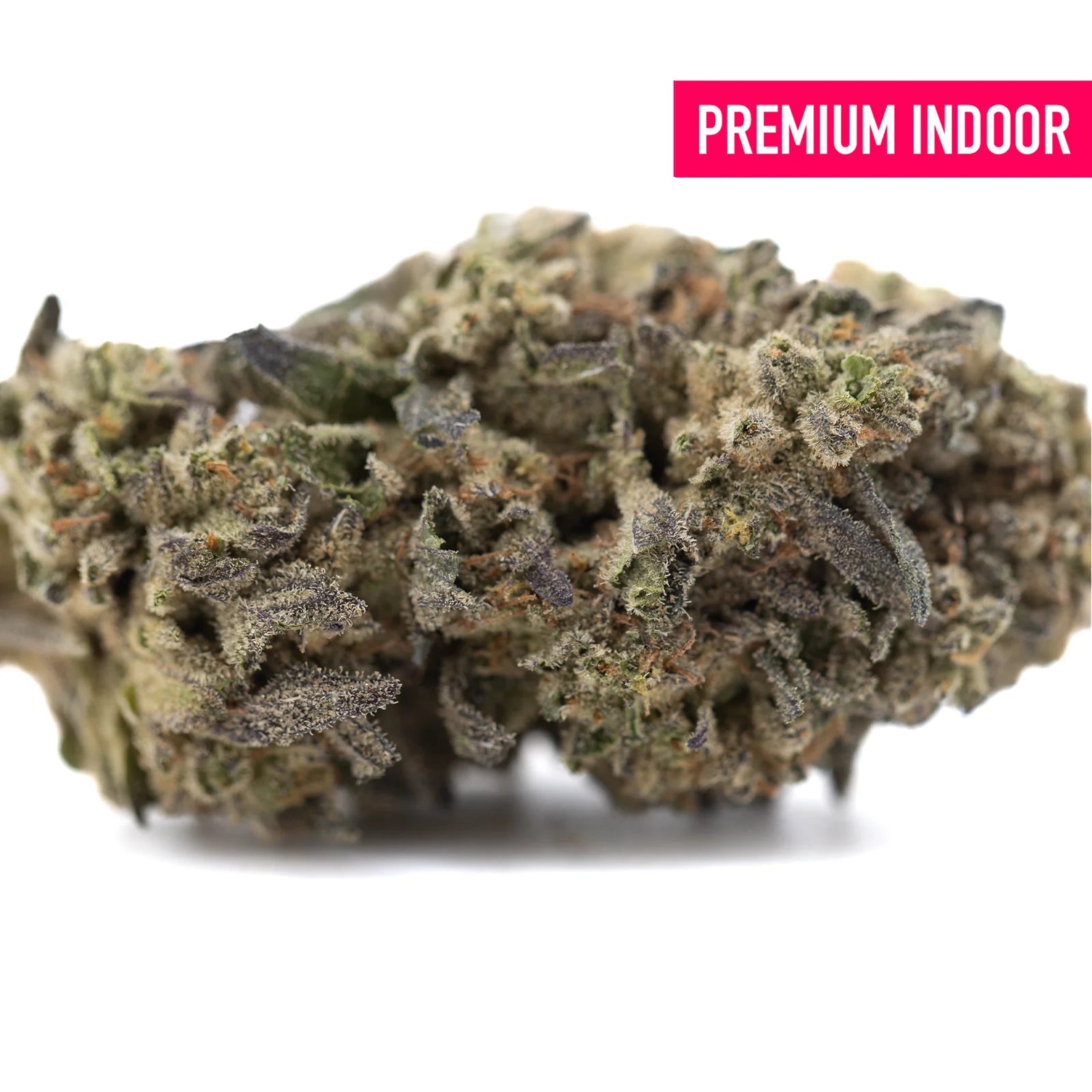 A dense street guru indoor thca hemp flower bud with green and purple hues covered in fine trichomes