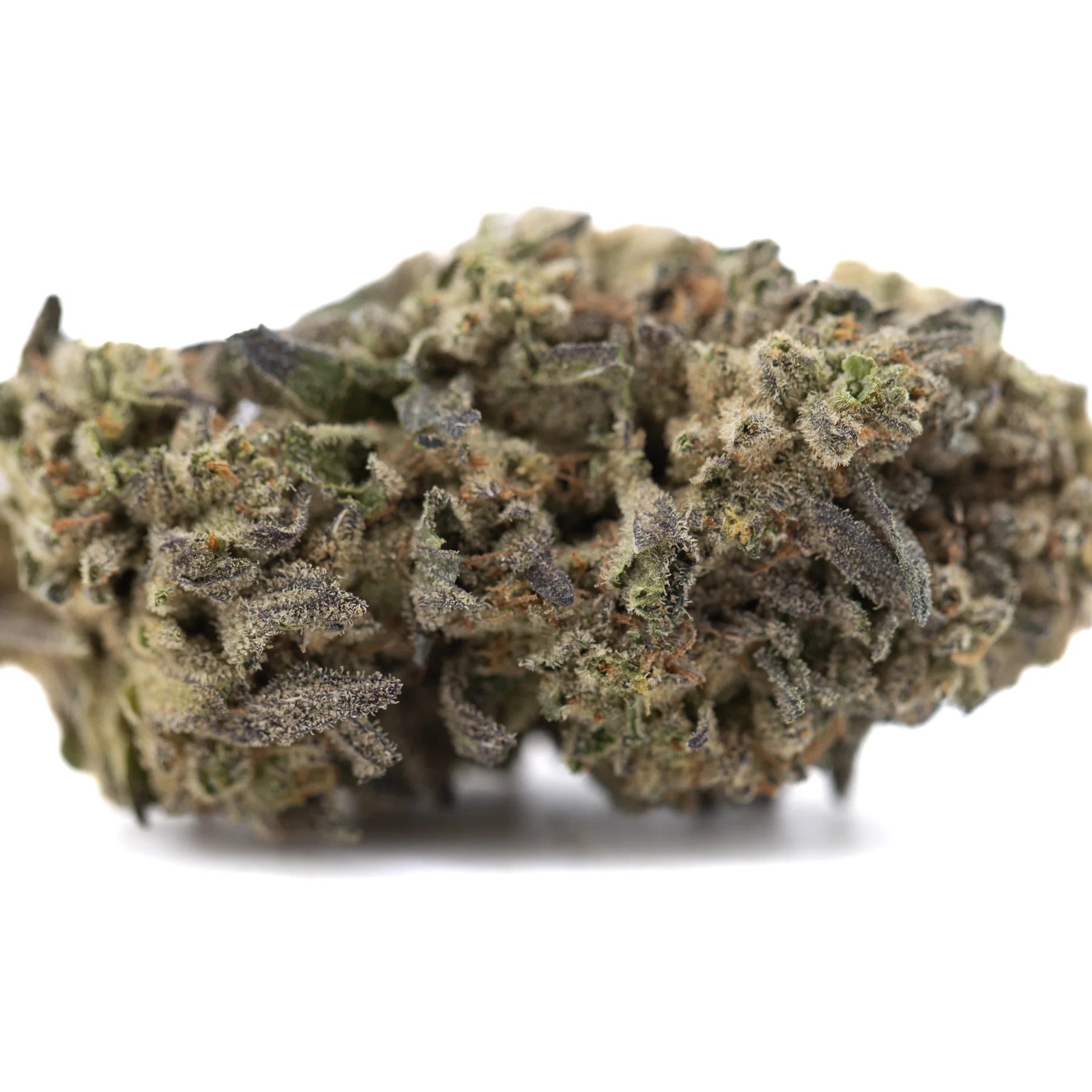 A dense street guru indoor thca hemp flower bud with green and purple hues covered in fine trichomes
