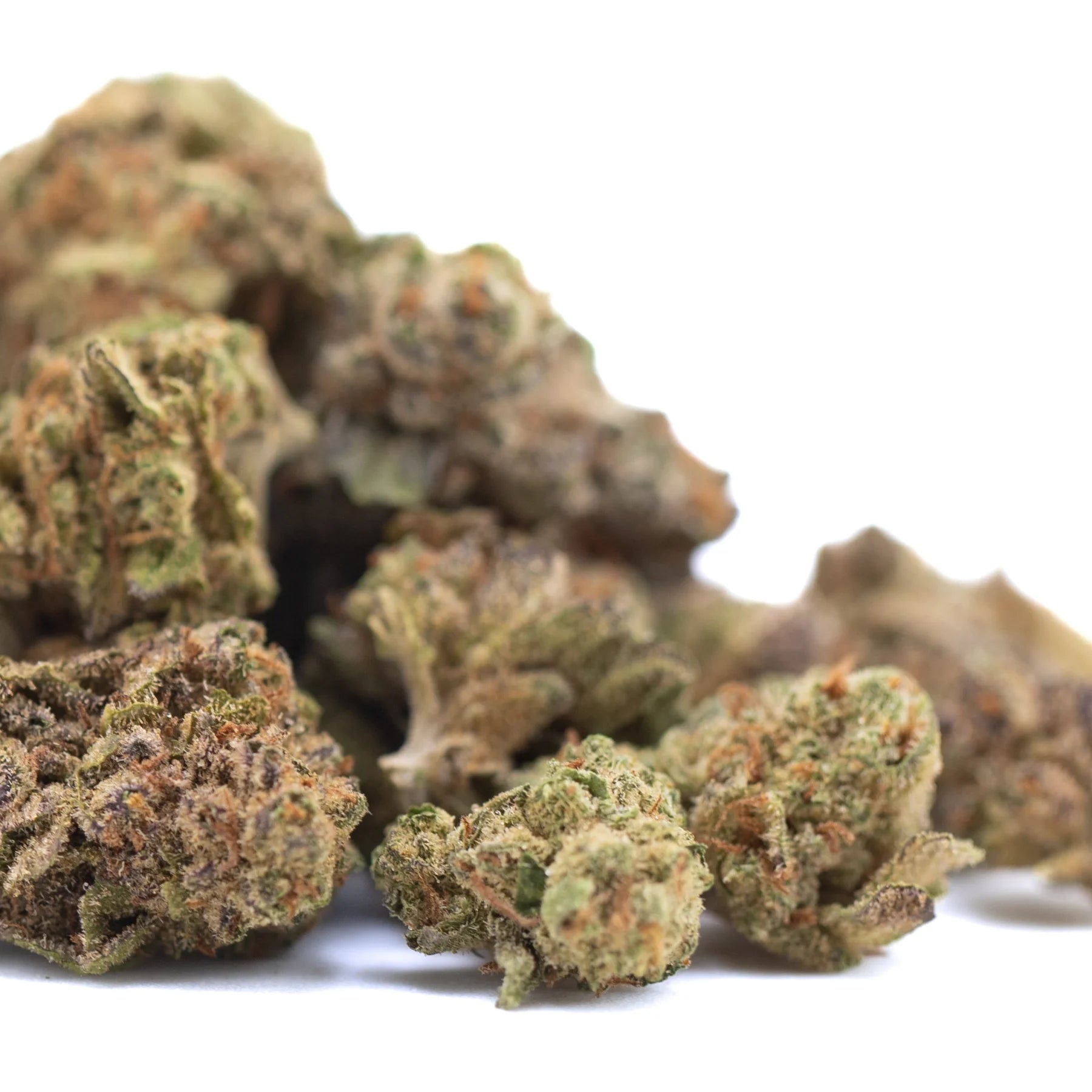 A pile of dense green and brown studio 54 thca hemp flower greenhouse smalls with gassy diesel and sunset sherbet notes