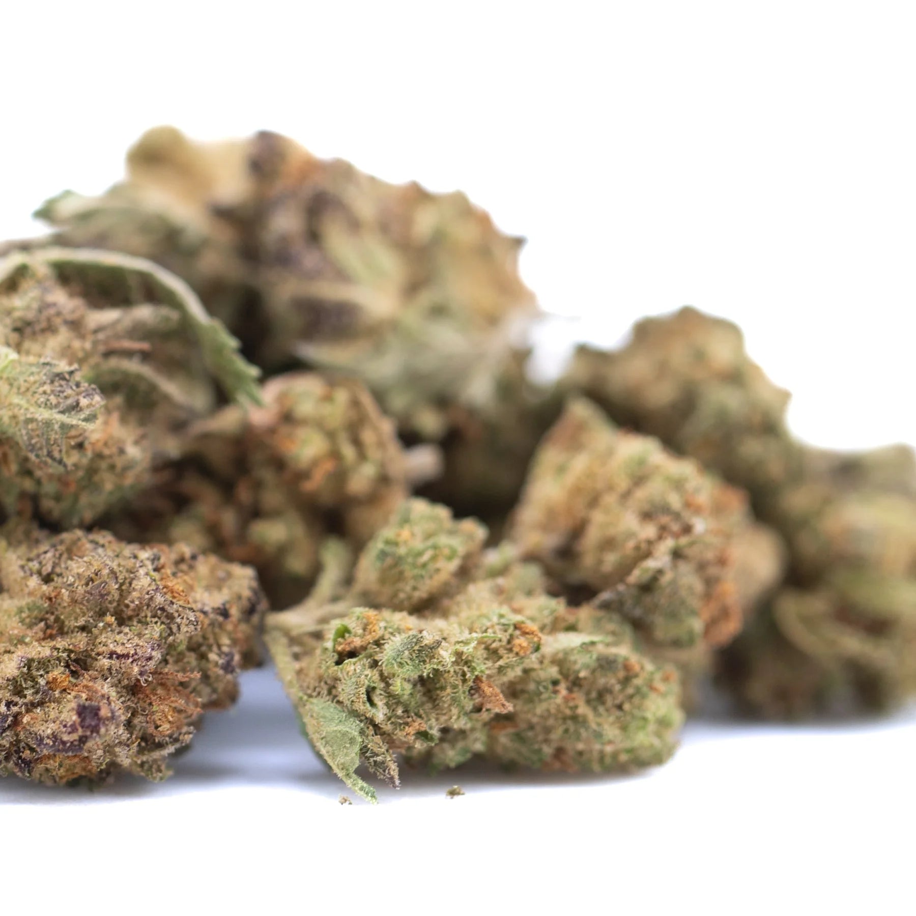 A pile of studio 54 thca hemp flower greenhouse smalls in green brown and orange hues with gassy diesel notes