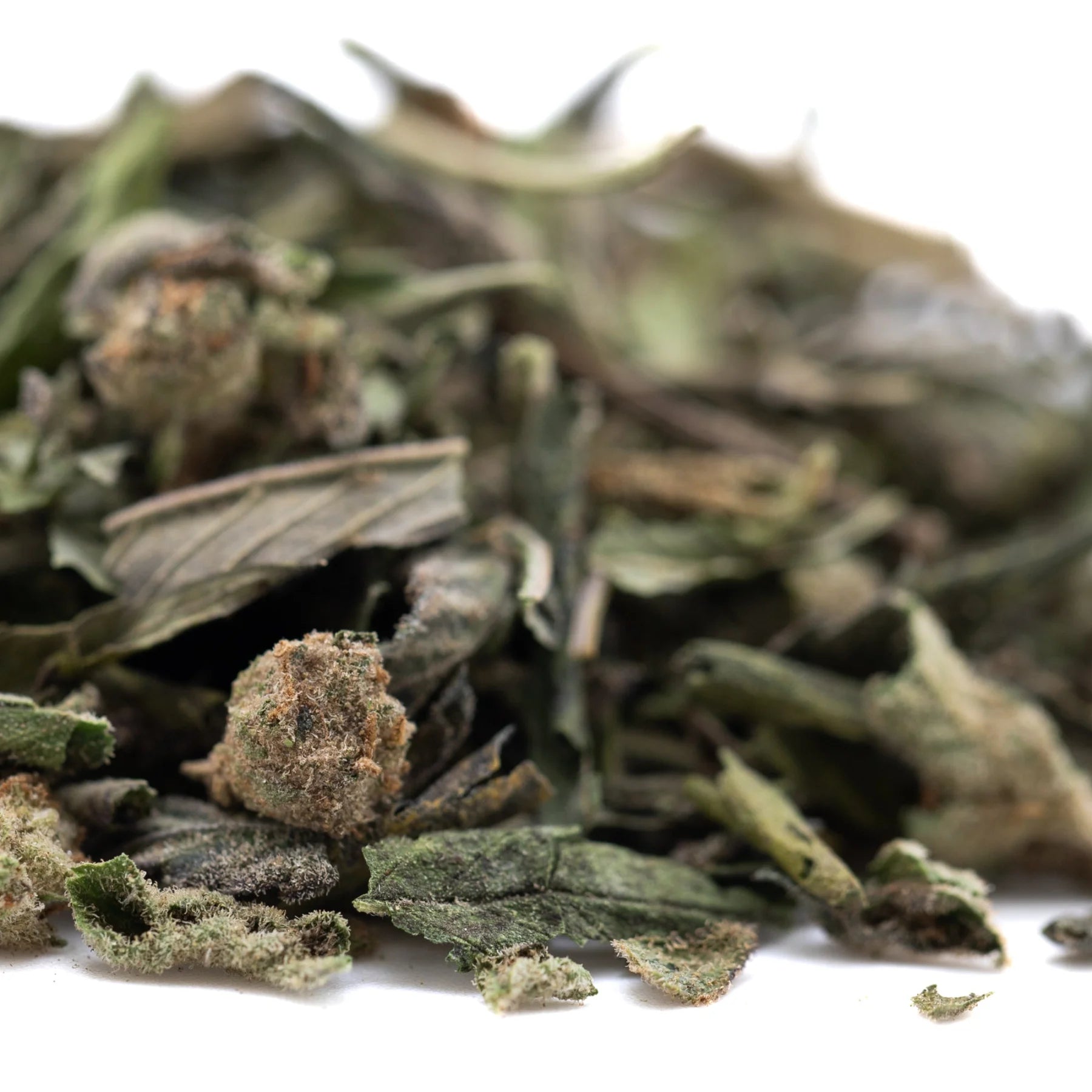 Dried thca trim cannabis buds and leaves in green brown and gray hues from subzero greenhouse for chronic pain therapeutic effects