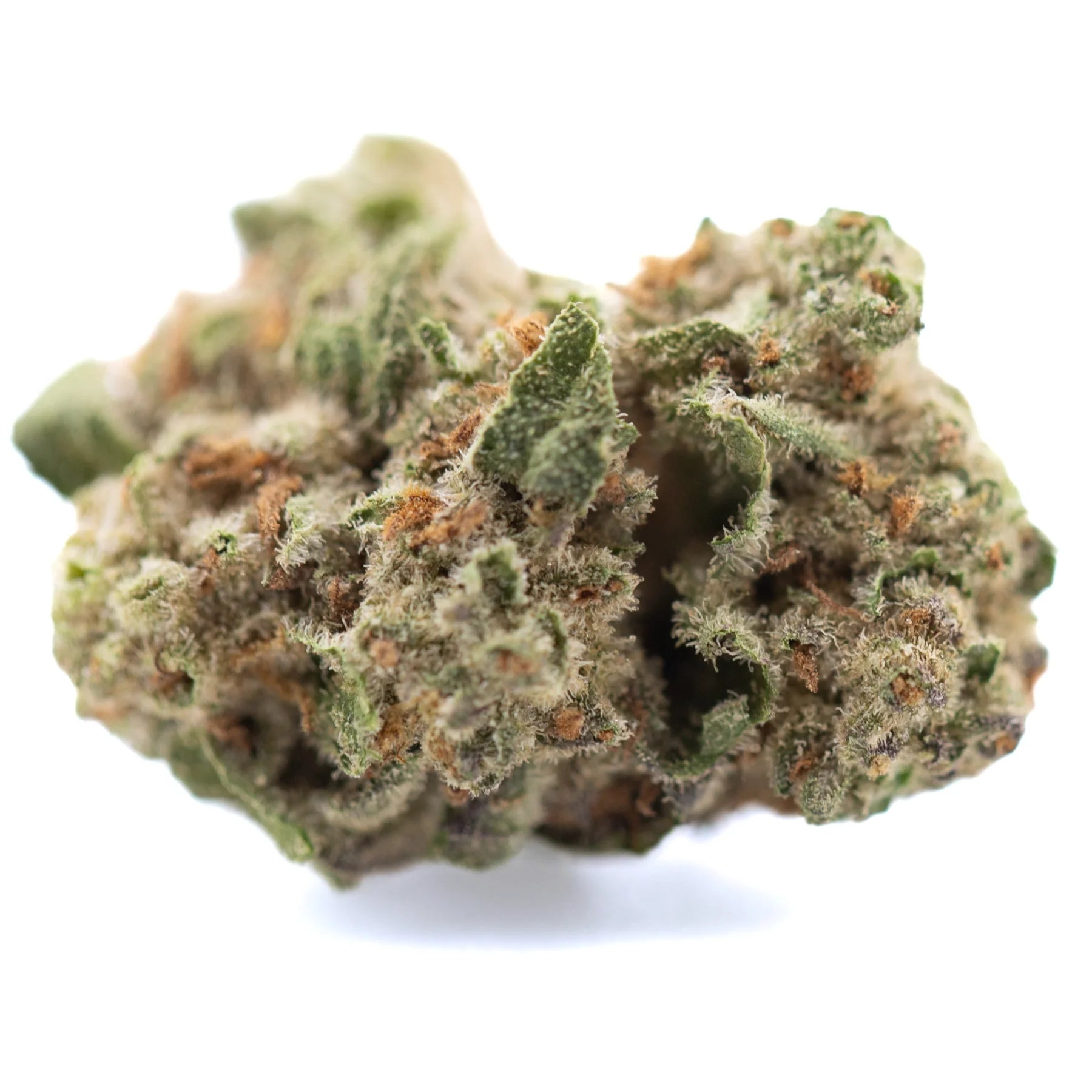 Subzero thca hemp flower greenhouse smalls dense green bud with frosty trichomes and orange pistils for body-melting effects